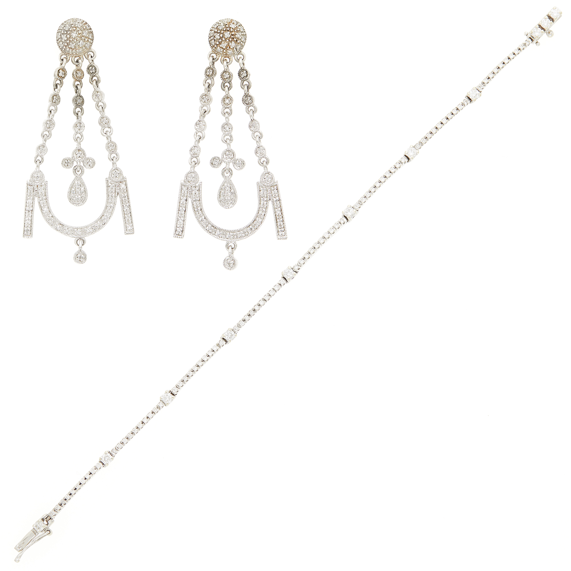 Lot image - Pair of Silver and Diamond Pendant-Earrings and White Gold and Diamond Bracelet