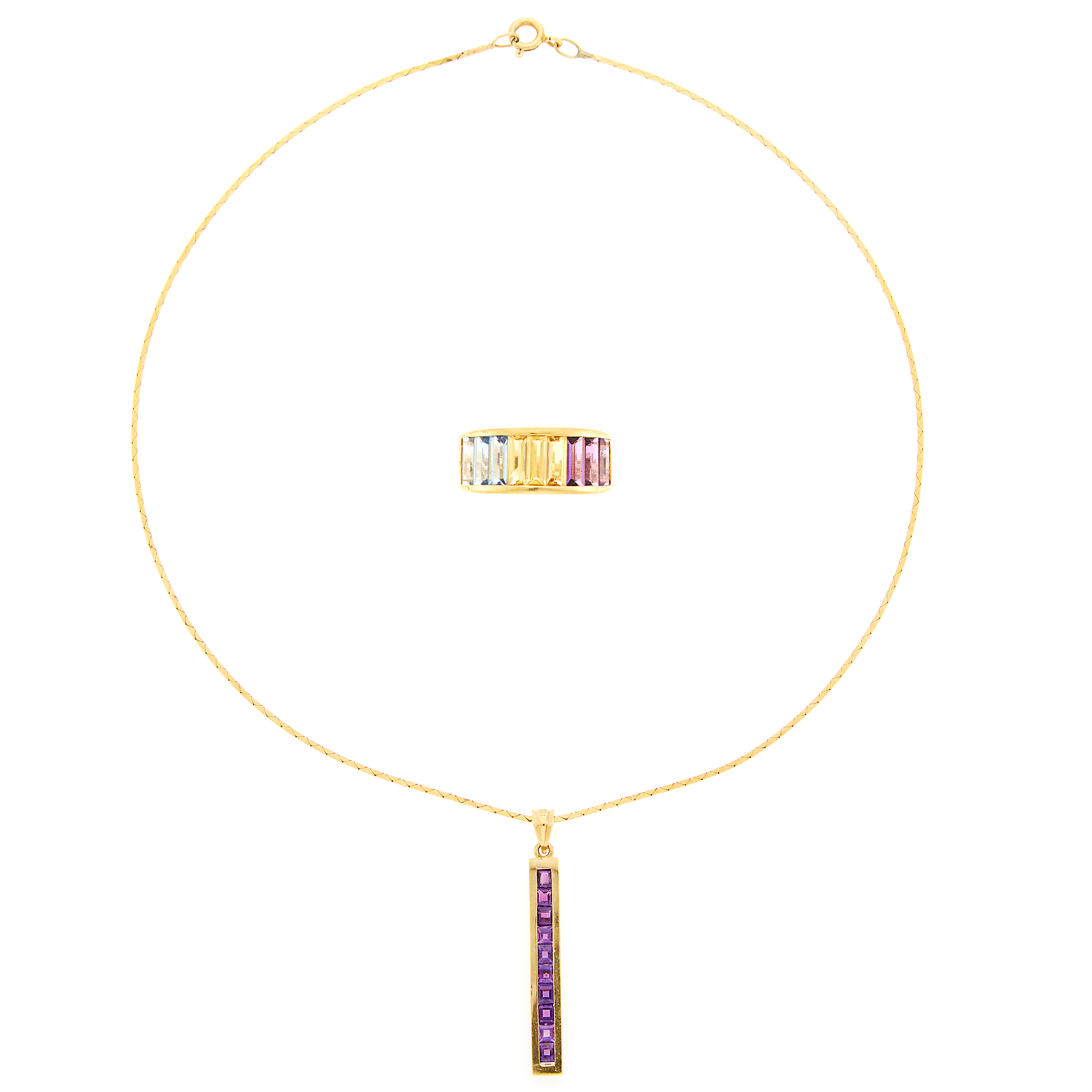 Lot image - Gold and Colored Stone Ring and Pendant with Chain Necklace