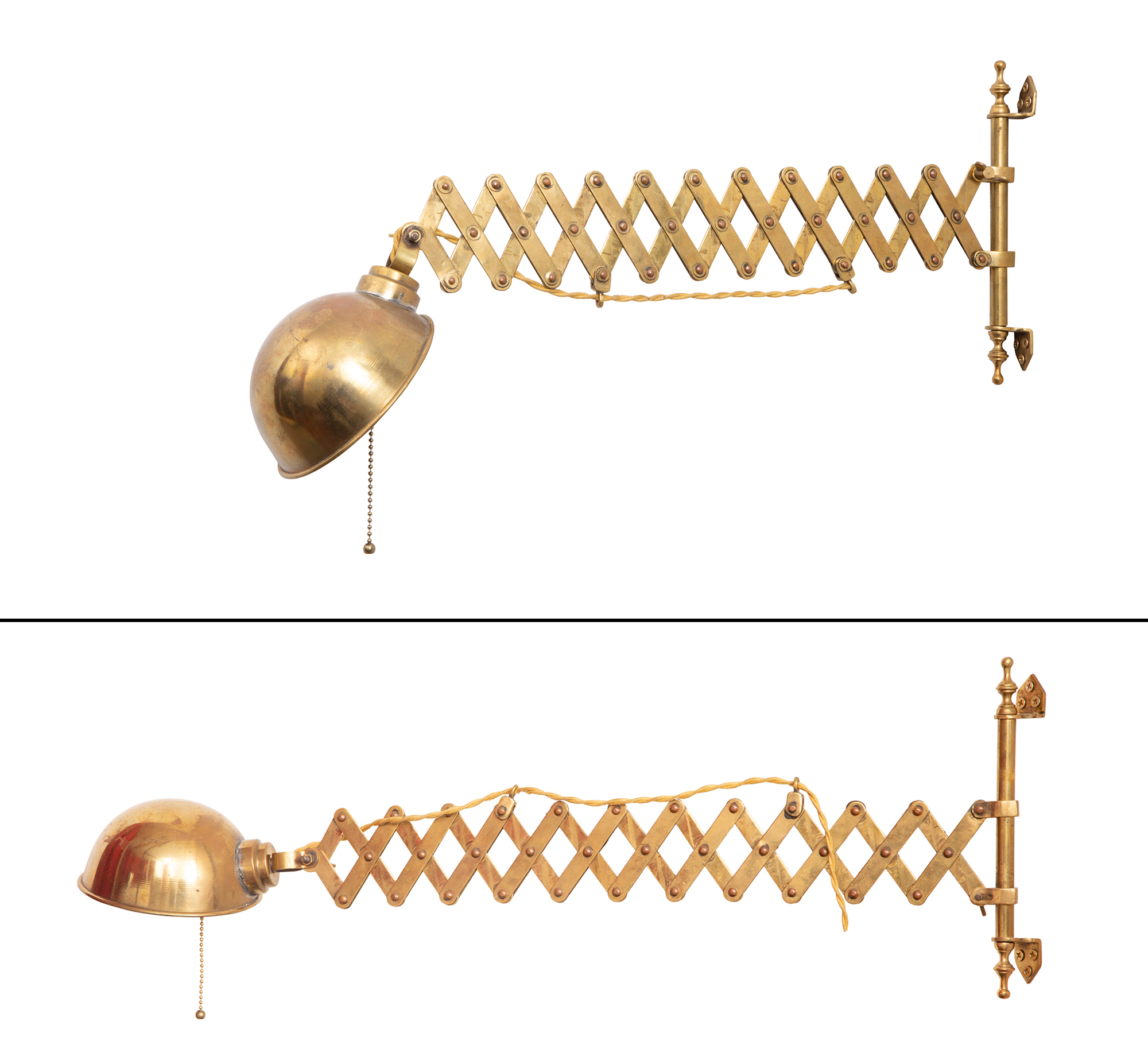 Lot image - Pair of Brass Wall-Mounted Accordion-Arm Ship Sconces
