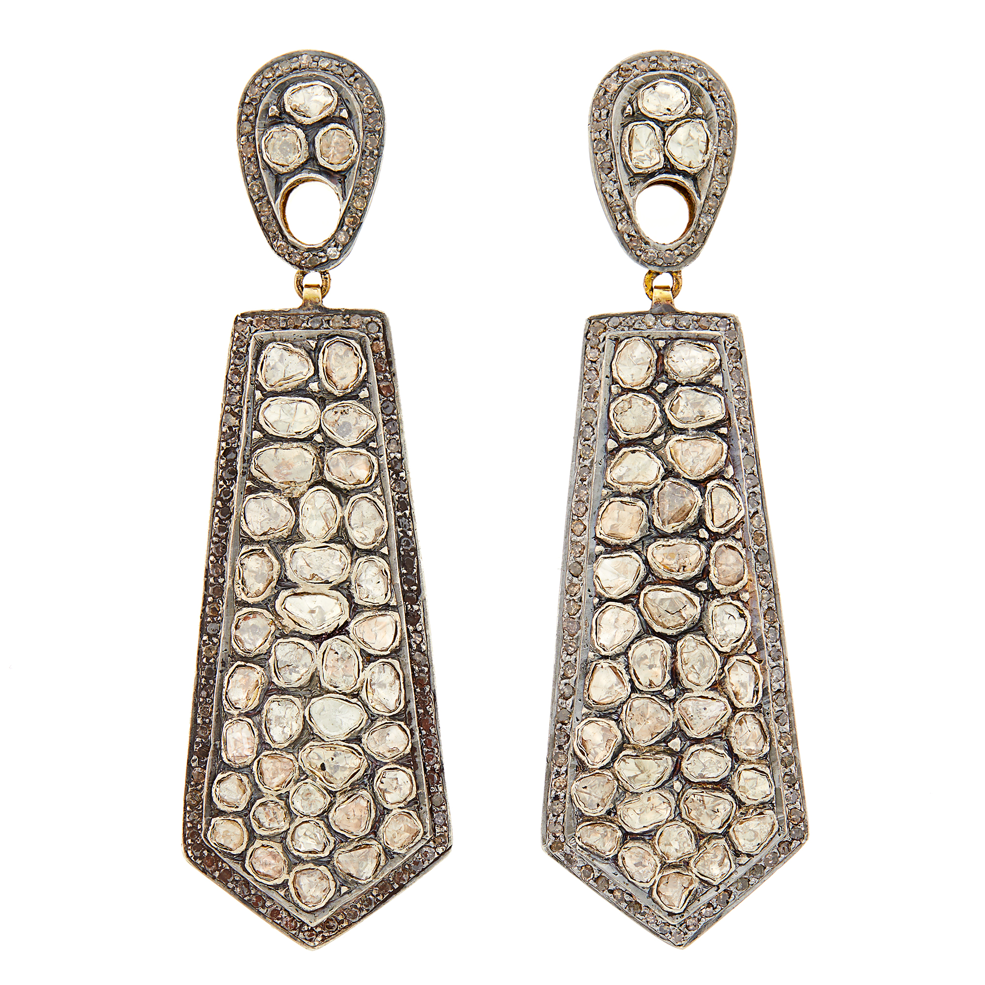 Lot image - Pair of Indian Silver and Diamond Pendant-Earrings
