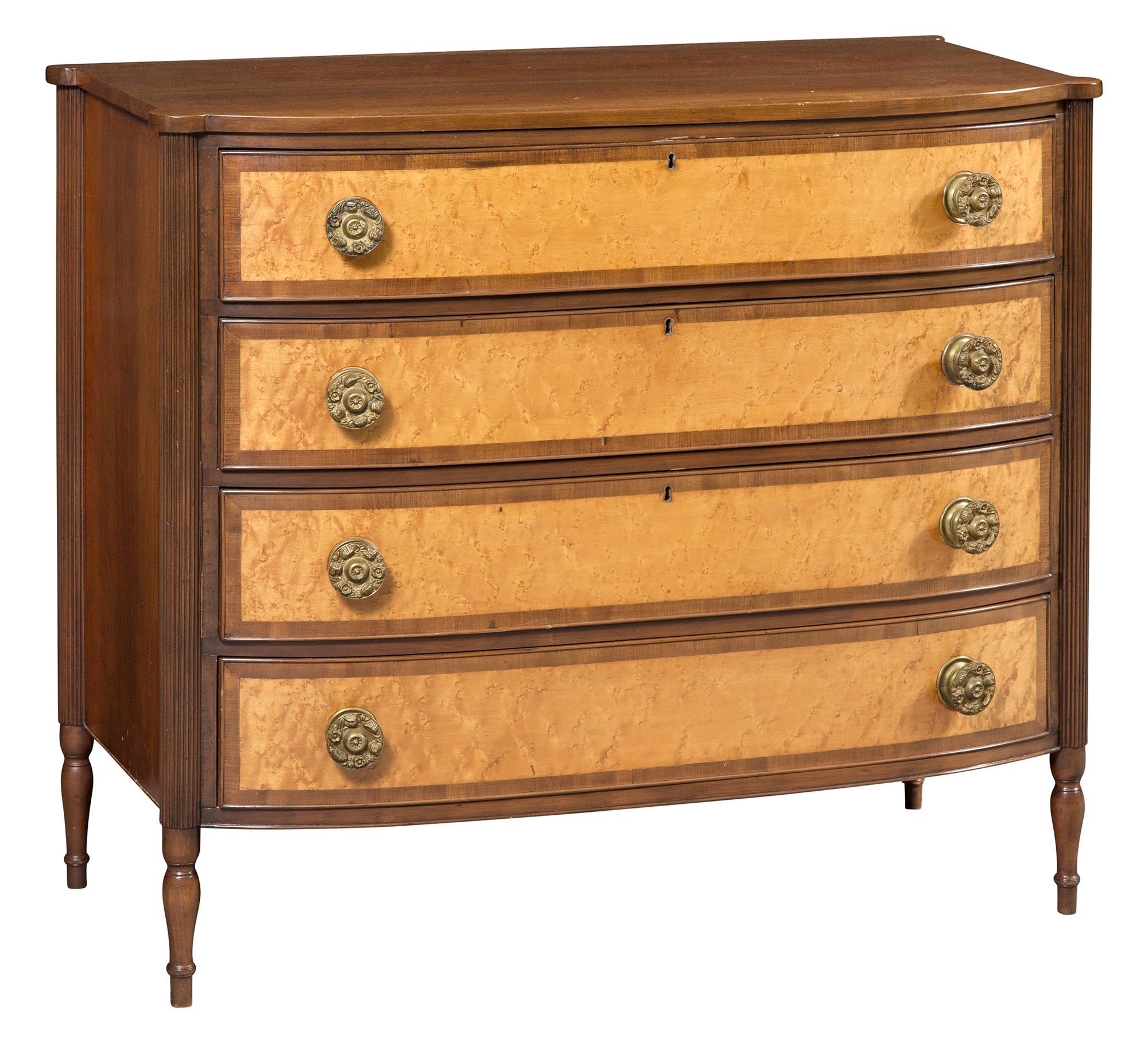 Lot image - Federal Mahogany and Figured Maple Bowfront Chest of Drawers
