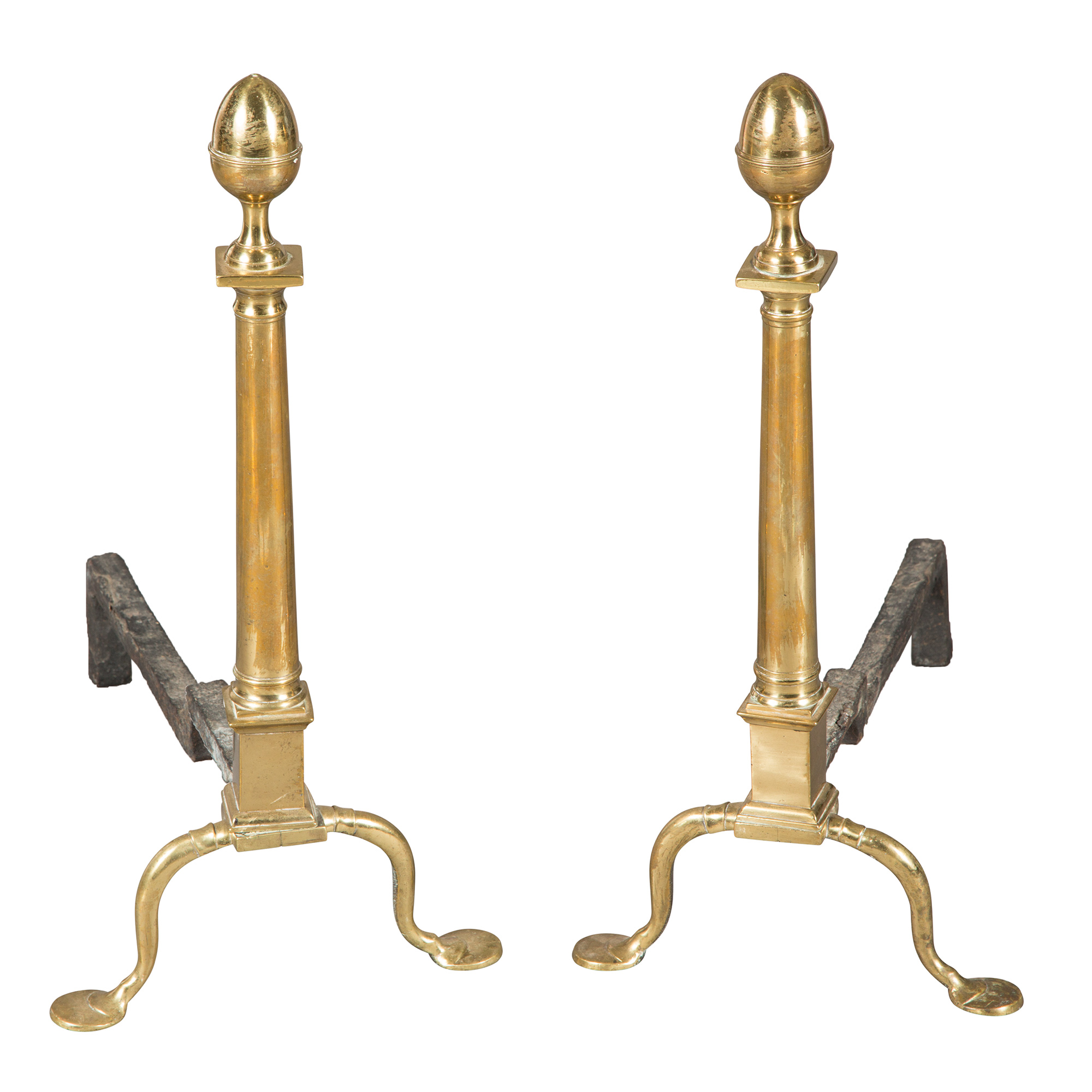 Lot image - Pair of Brass and Wrought Iron Andirons