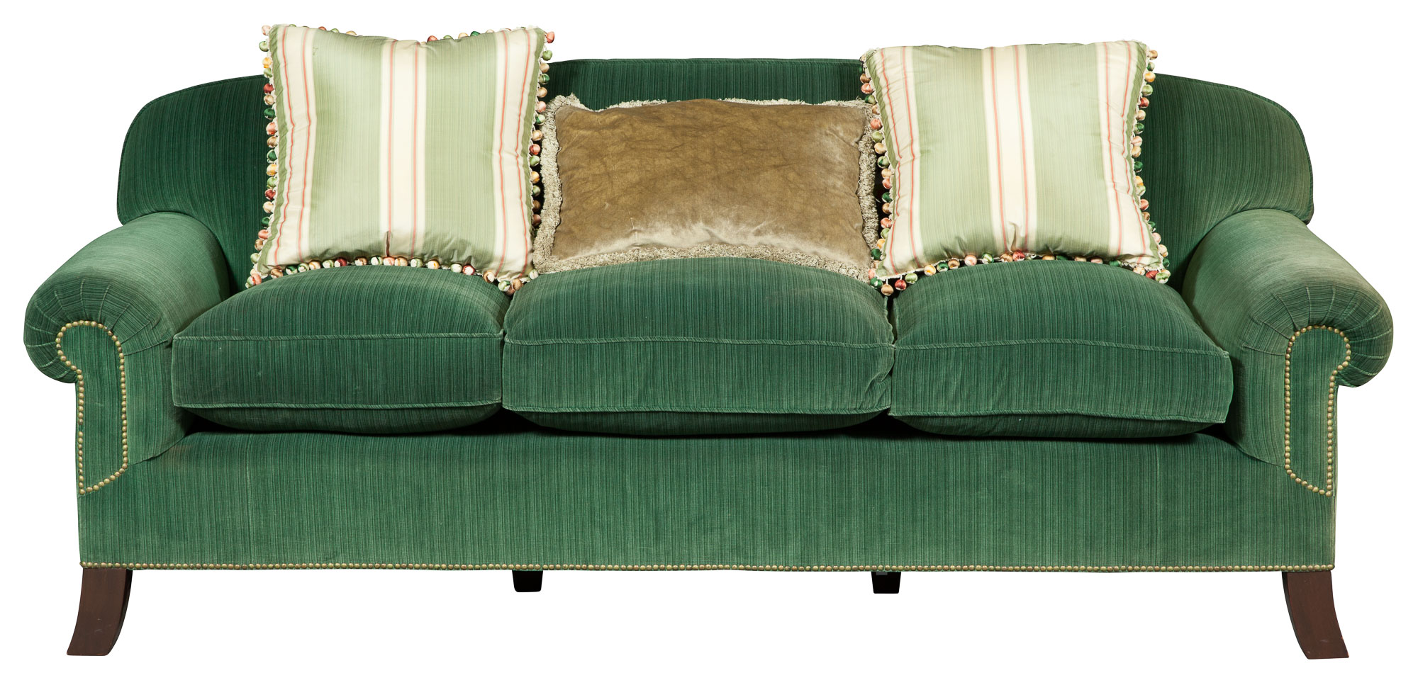 Lot image - Green Velvet-Upholstered Three-Cushion Sofa