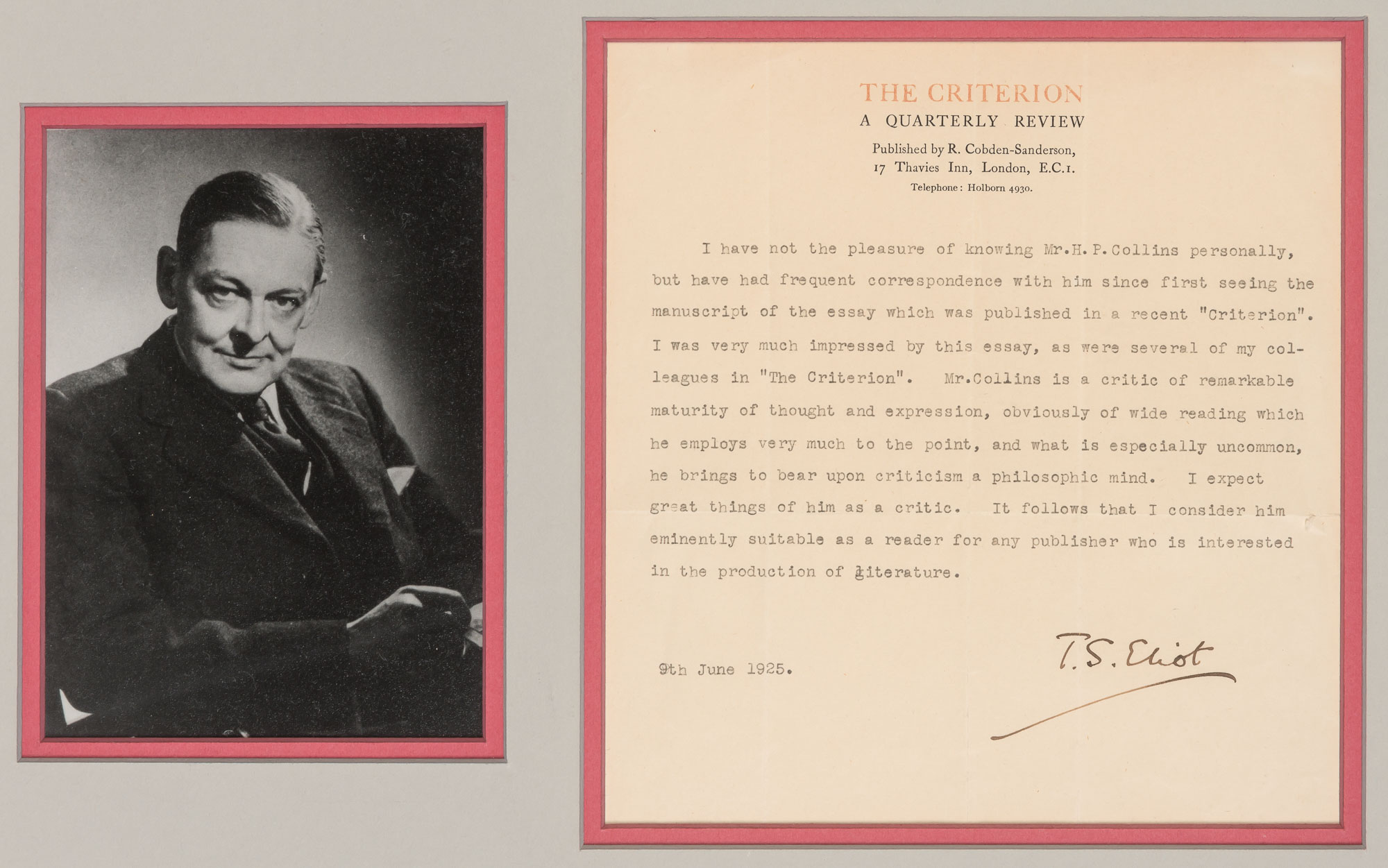 Lot image - ELIOT, THOMAS STEARNS  Typed letter signed, 1925.