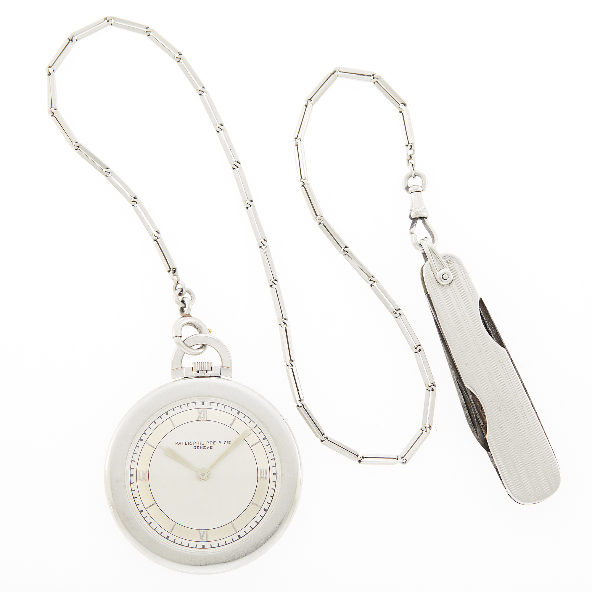 Lot image - Patek Philippe Platinum Open Face Pocket Watch with Chain and Tiffany & Co. Pocket Knife