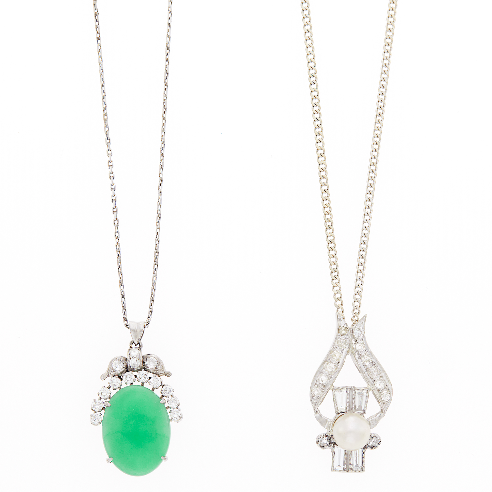 Lot image - Two White Gold, Jade, Cultured Pearl and Diamond Necklaces