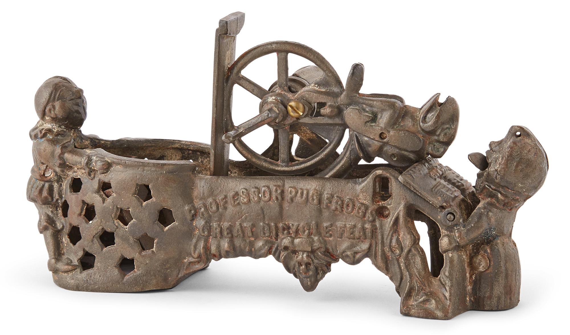 Lot image - Cast Iron Mechanical Bank  Professor Pug Frogs Great Bicycle Feat.