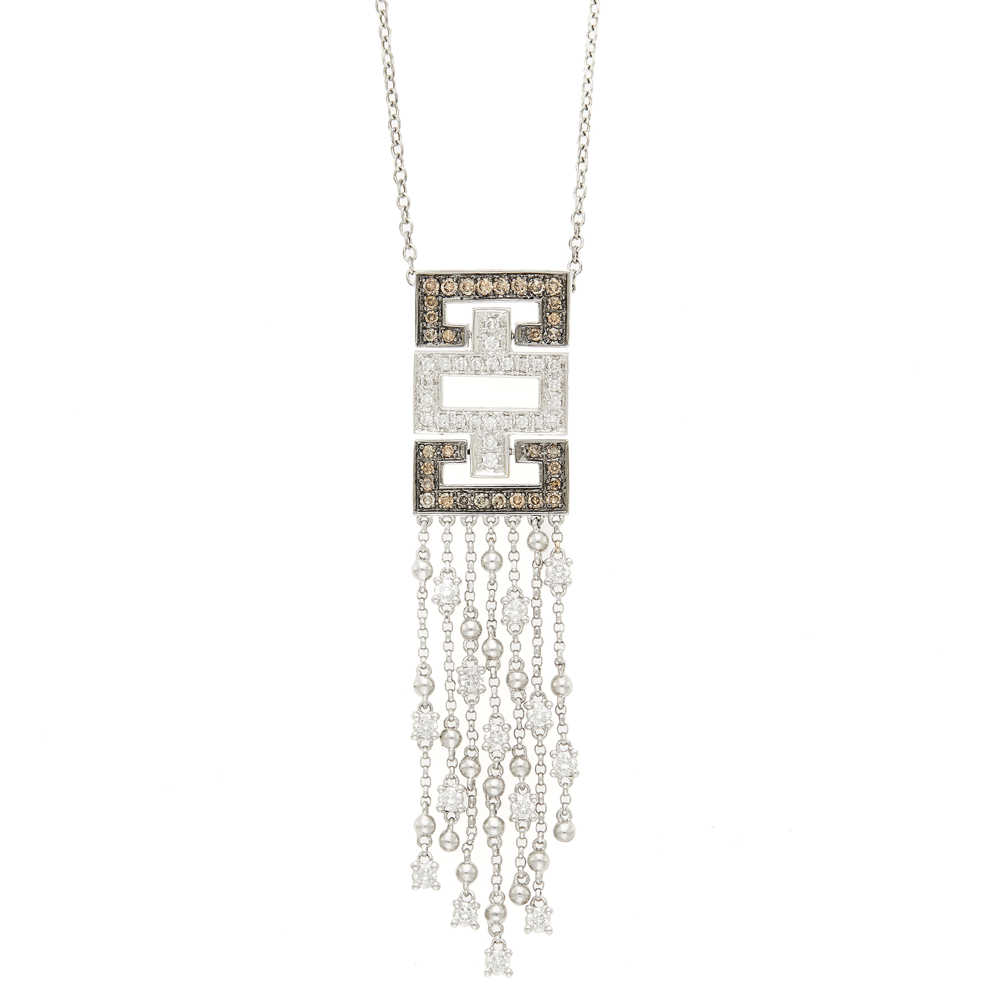 Lot image - Two-Color Gold, Colored Diamond and Diamond Fringe Pendant with Long Silver Chain Necklace