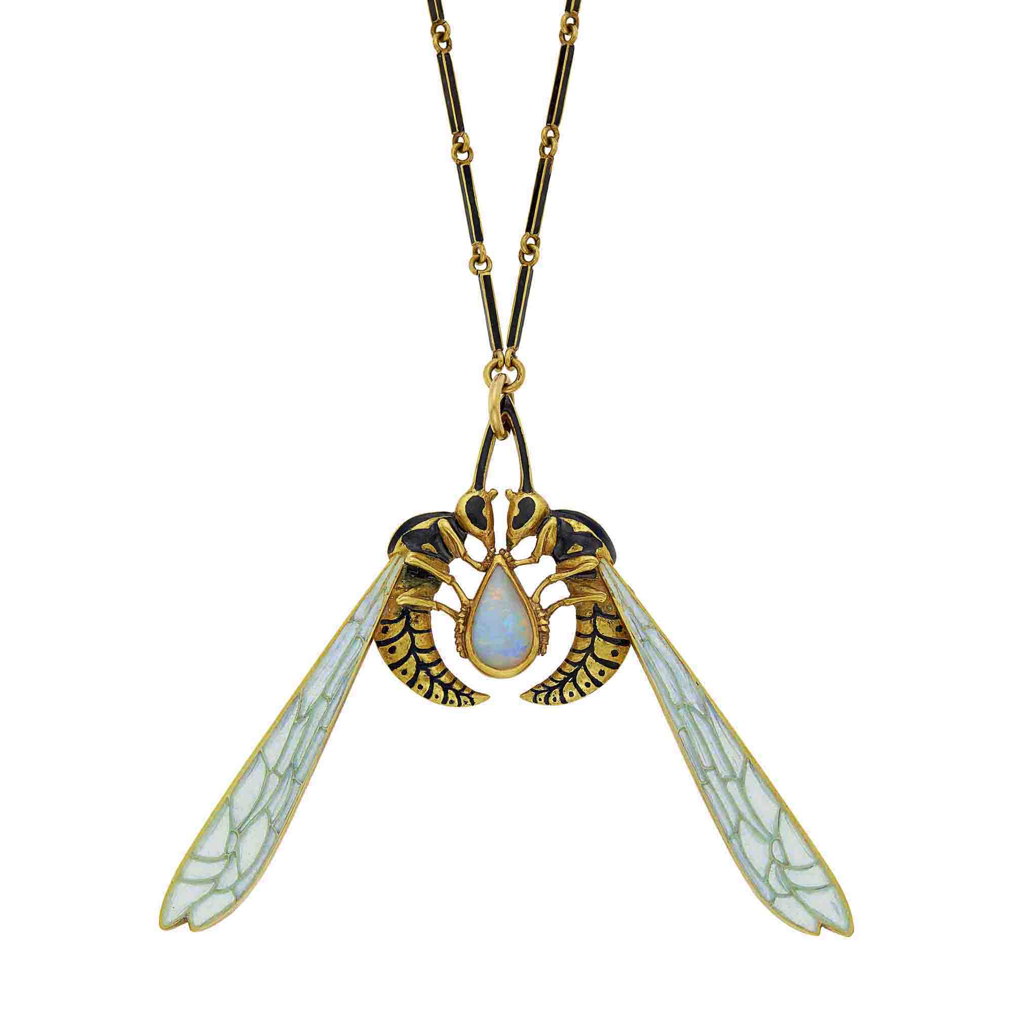 Lot image - René Lalique Art Nouveau Gold, Opal, Plique-à-Jour Enamel and Black Enamel Wasp Pendant with Long Gold and Black Enamel Chain Necklace