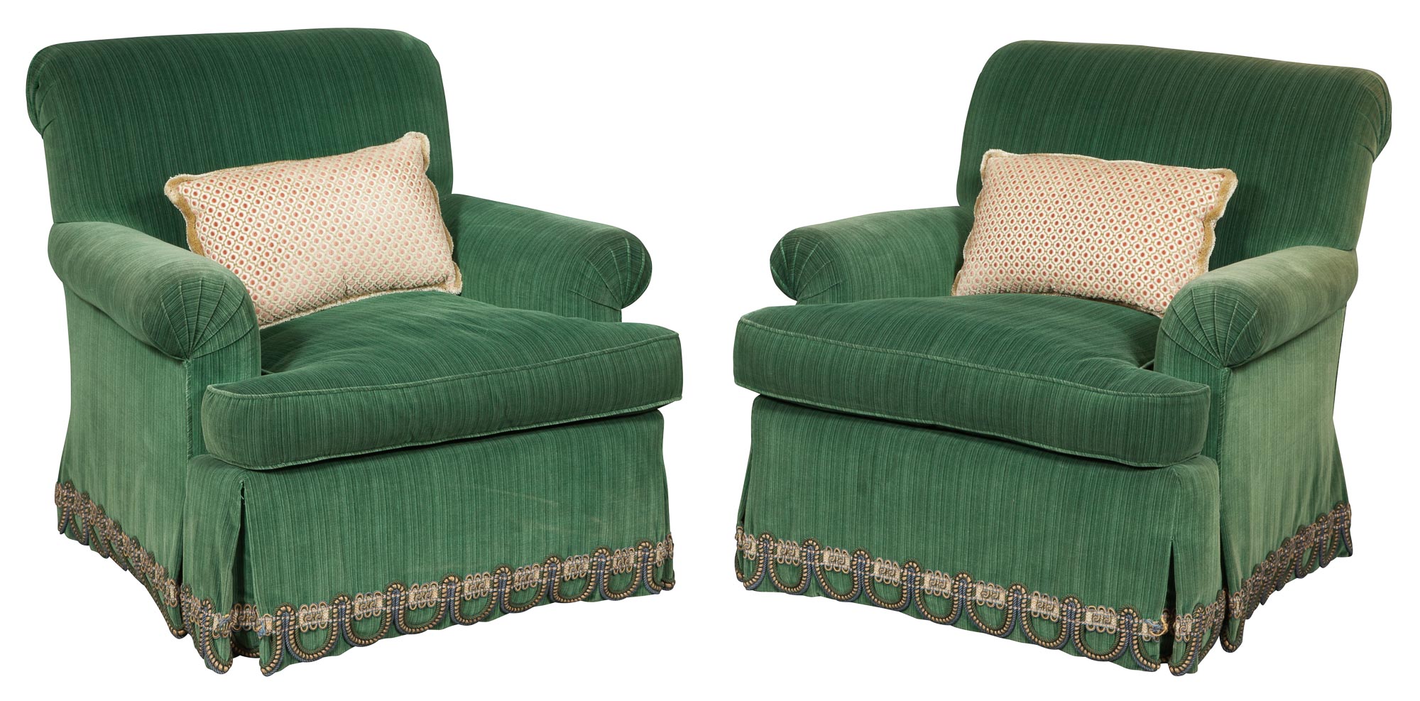 Lot image - Pair of Green Velvet-Upholstered Swiveling Club Chairs