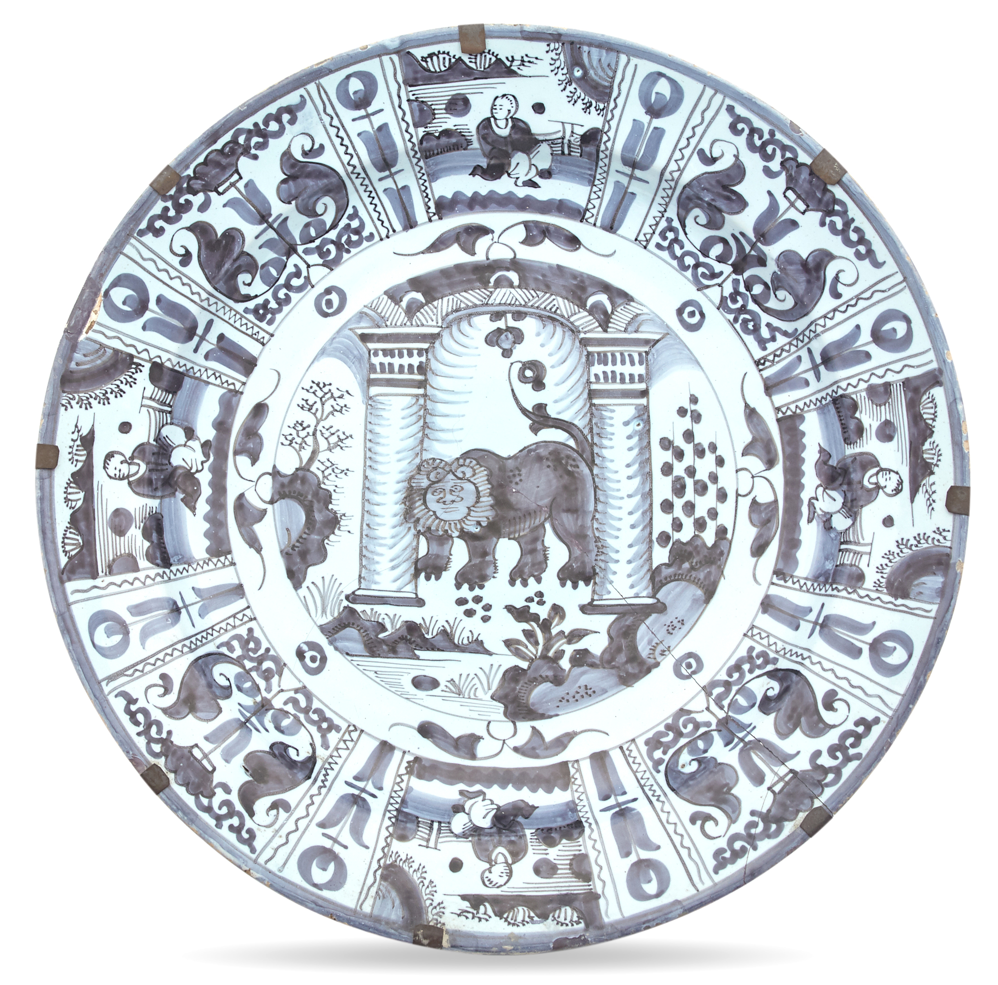 Lot image - Dutch Delft Gray Charger with Lion of Judah