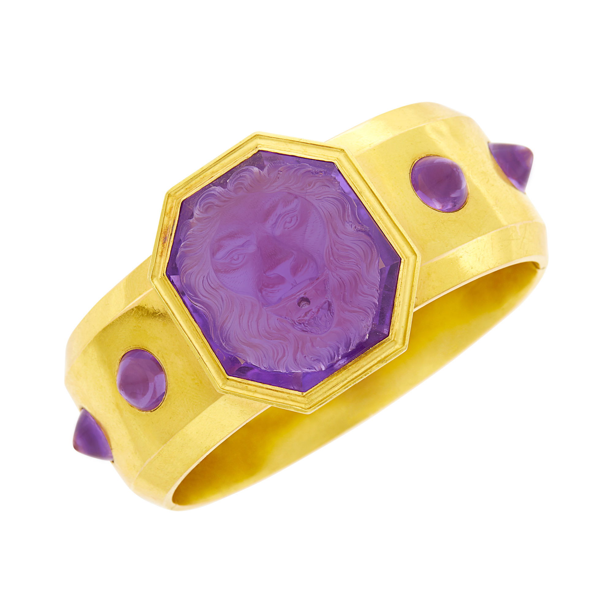 Lot image - Antique Gold, Carved and Cabochon Amethyst Cuff Bangle Bracelet, France