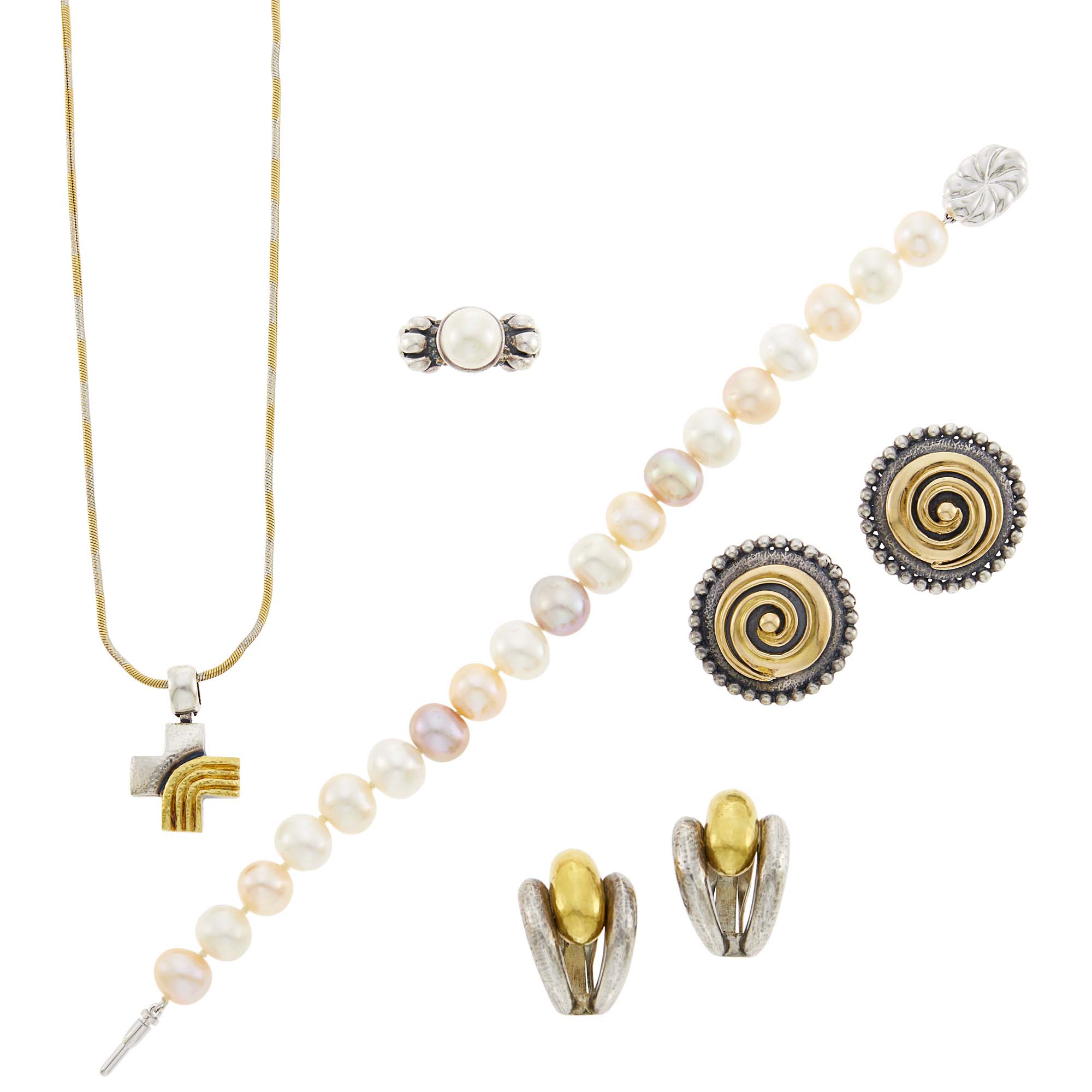 Lot image - Group of Silver, Gold, High Karat Gold, Freshwater and Cultured Pearl Jewelry