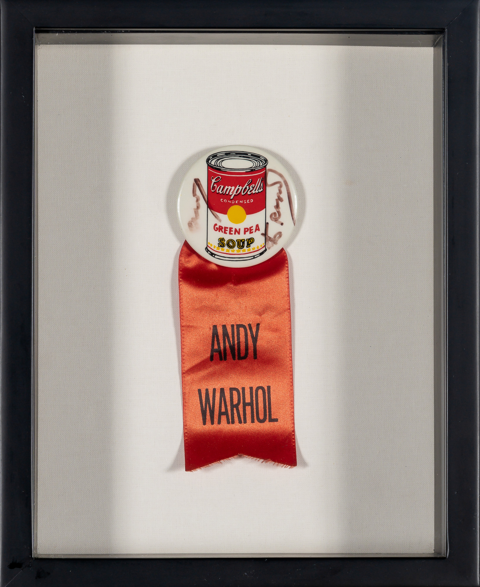 Lot image - Andy Warhol  Inscribed Green Pea Soup Can Button.