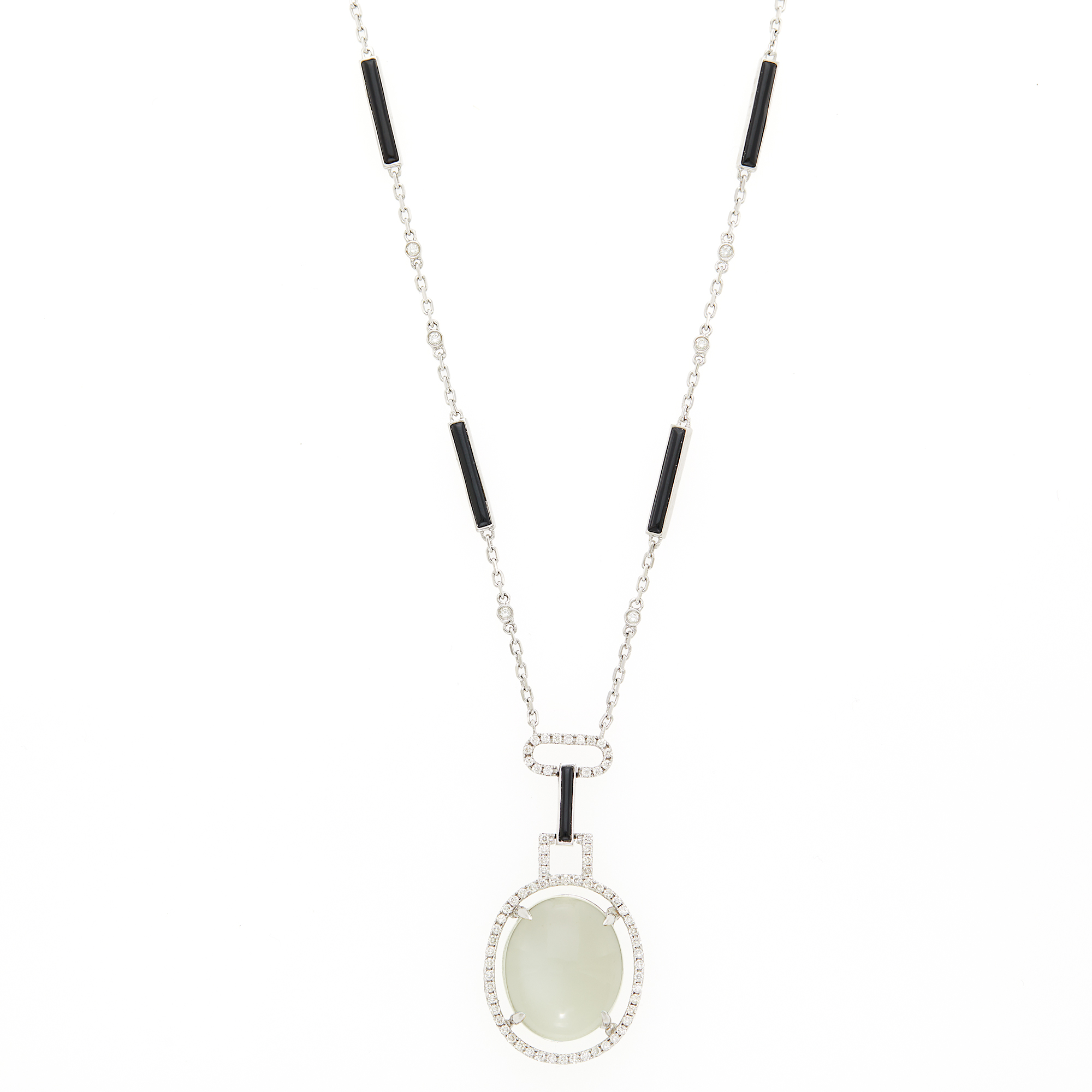 Lot image - White Gold, Moonstone, Black Onyx and Diamond Pendant-Necklace