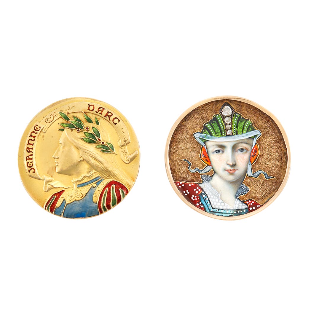 Lot image - Antique Gold and Enamel Pin, Jeranne Darc and Antique Gold, Enamel and Diamond Portrait Pin