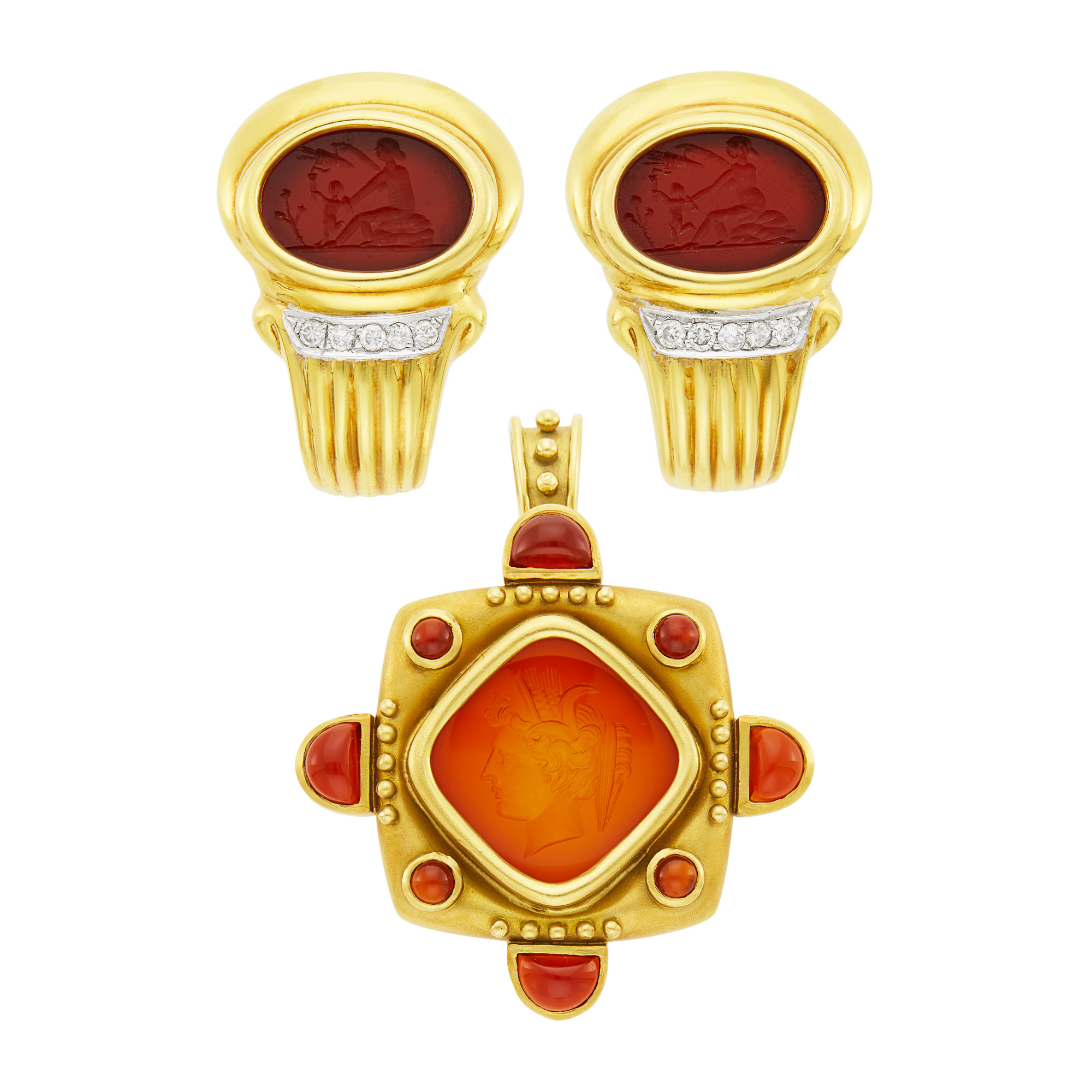 Lot image - Pair of Gold, Carnelian Intaglio and Diamond Earclips and Pendant-Brooch