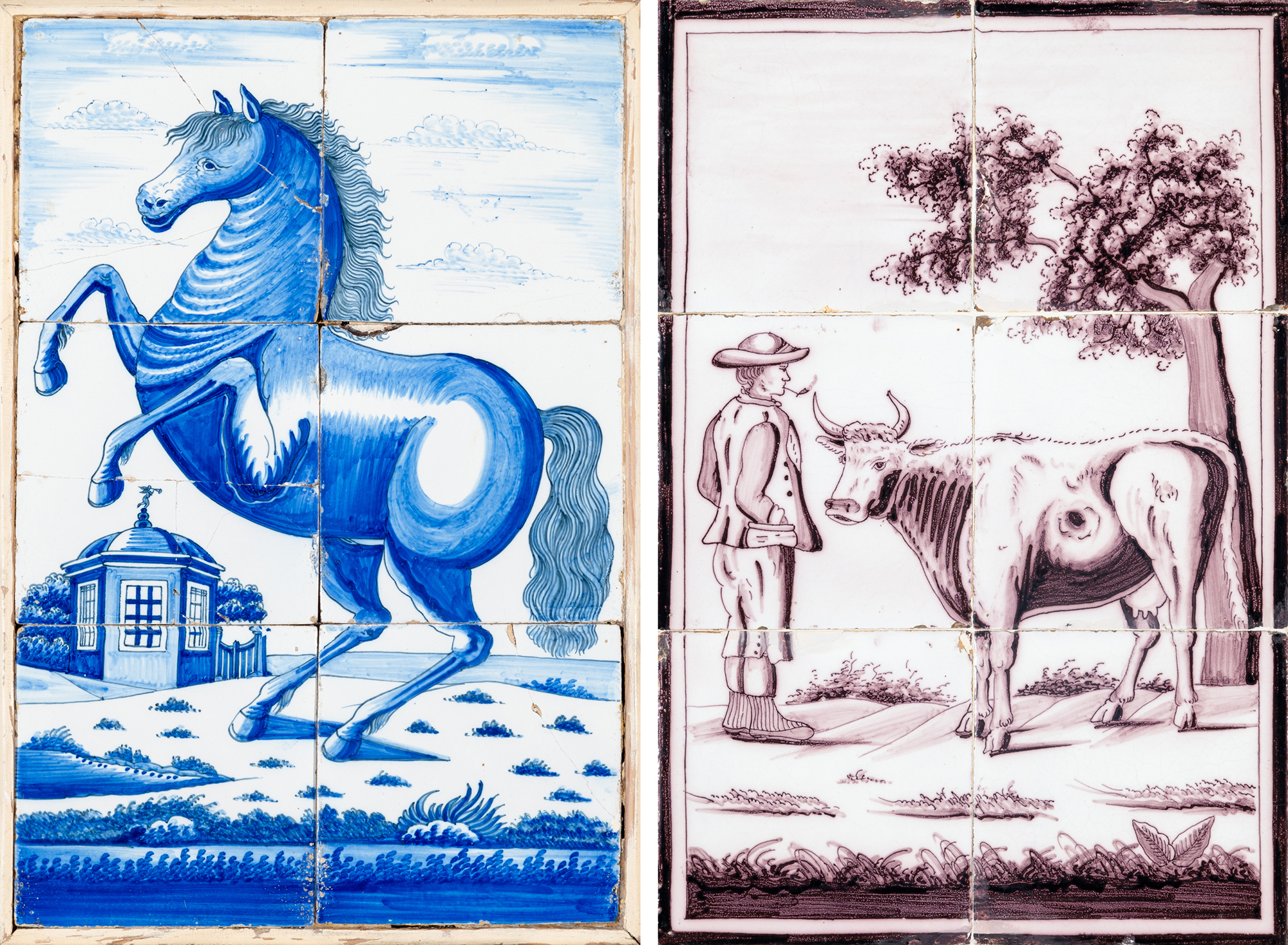 Lot image - Dutch Delft Blue and White Tile Picture of a Horse; Together with a Manganese Tile Picture of a Cow and Farmer