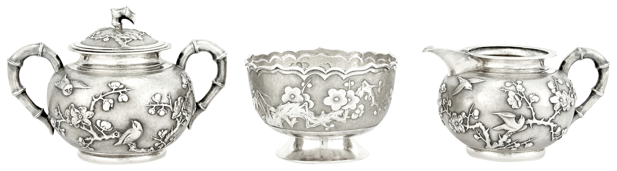 Lot image - Chinese Export Silver Cream and Sugar Set and Footed Bowl