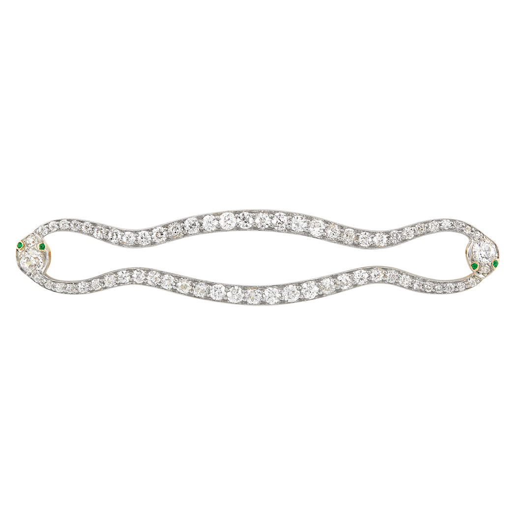 Lot image - Antique Platinum, Gold and Diamond Double Snake Brooch, Tiffany & Co.
