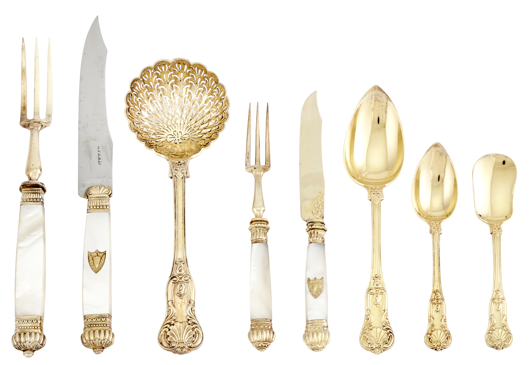 Lot image - French Empire Cased Silver-Gilt and Mother-of-Pearl Flatware Service