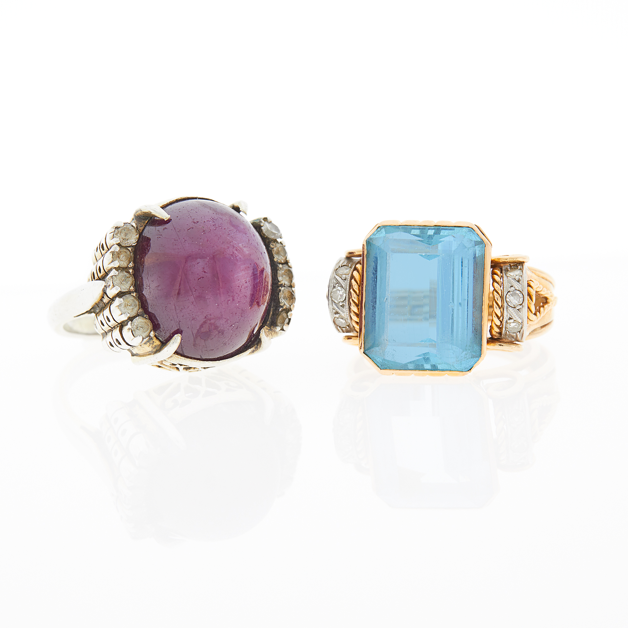 Lot image - Gold, Aquamarine and Diamond Ring and Silver, Star Ruby and Paste Ring