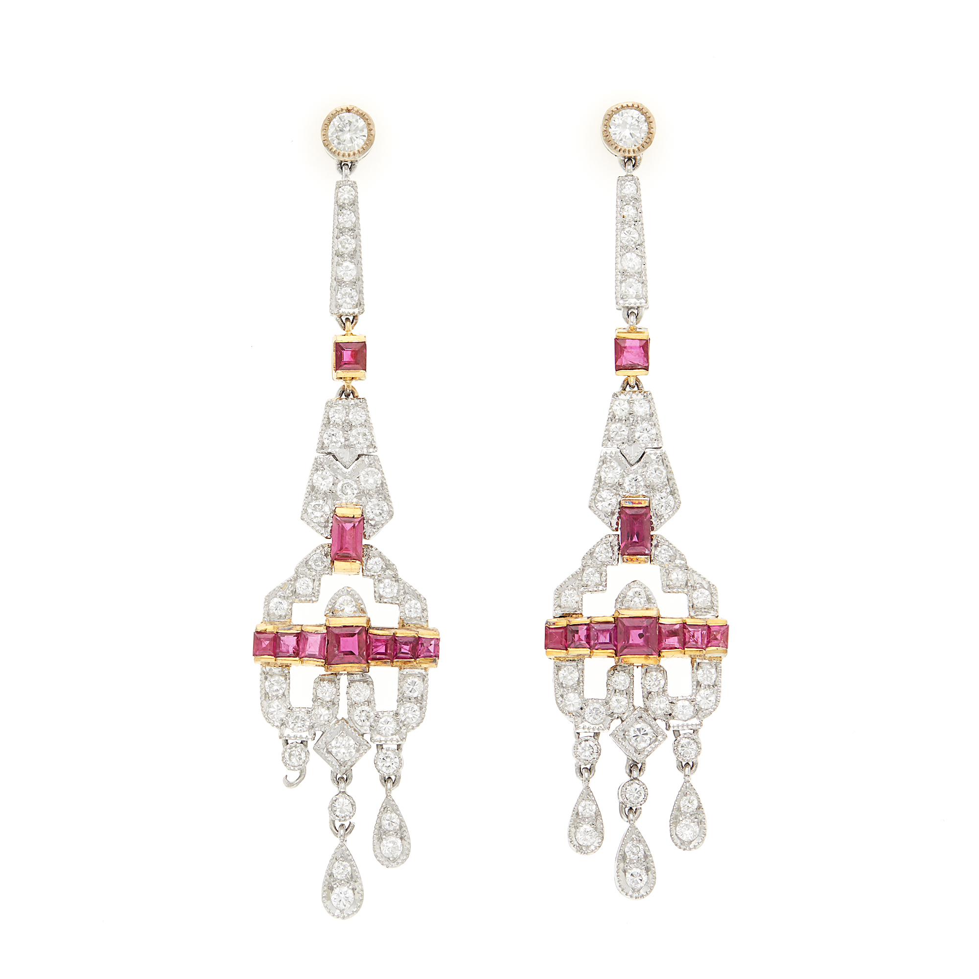 Lot image - Pair of Two-Color Gold, Ruby and Diamond Pendant-Earrings