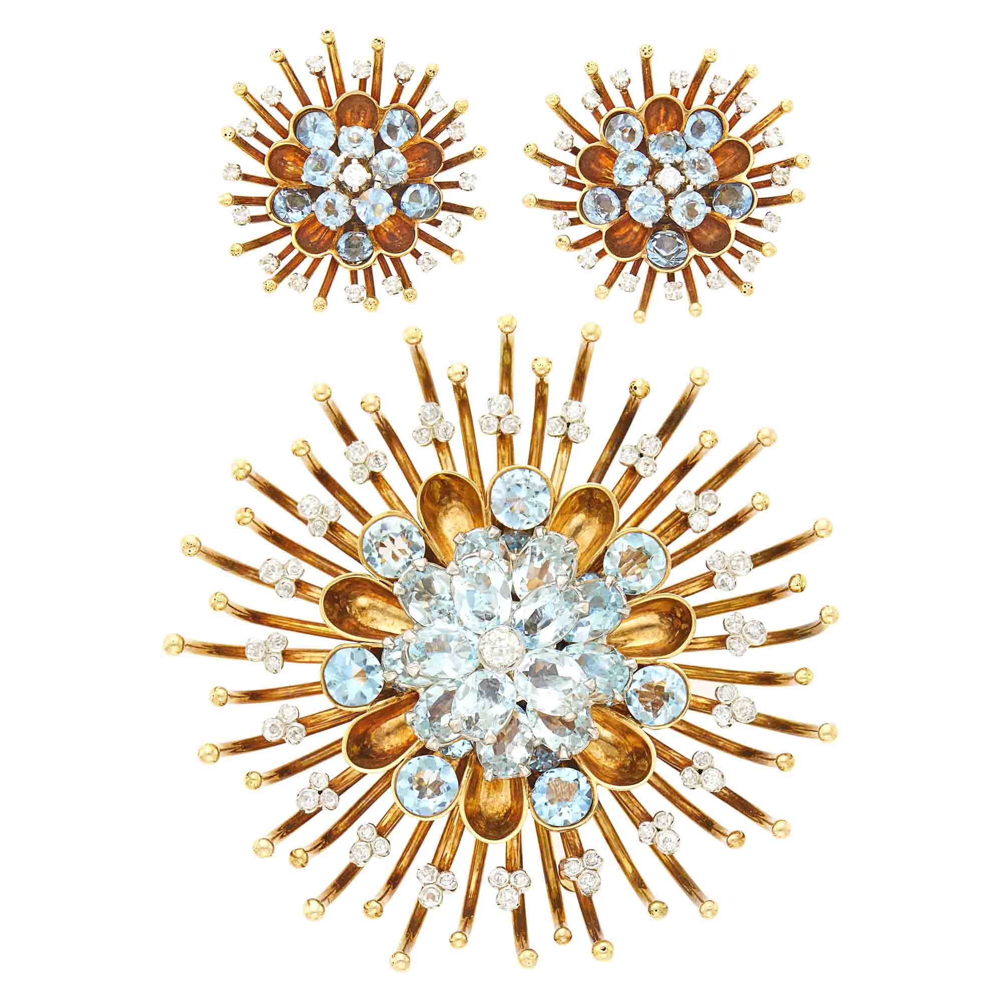 Lot image - Gold, Platinum, Aquamarine and Diamond Flower Clip-Brooch and Tiffany & Co. Pair of Earclips