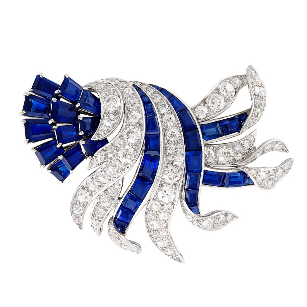 Lot image - Platinum, Diamond and Sapphire Brooch, Verdura