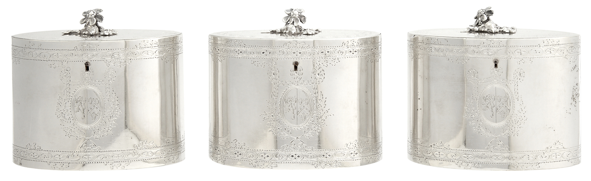 Lot image - Set of Three George III Sterling Silver Tea Caddies in Fitted Burlwood and Satinwood Case