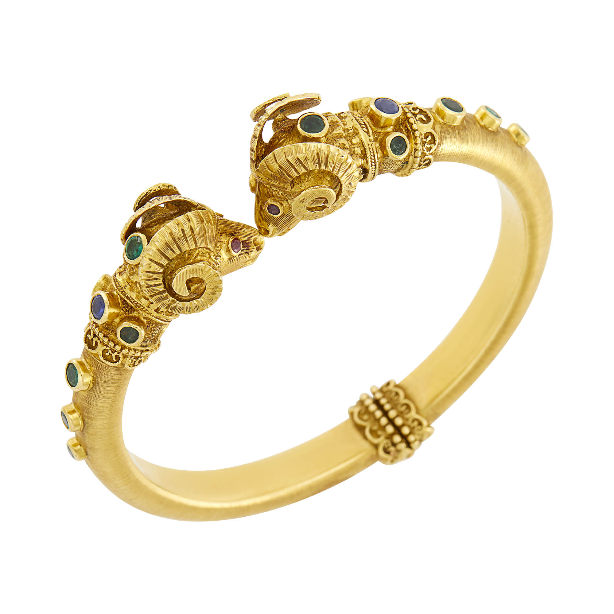 Lot image - Ilias Lalaounis Gold and Gem-Set Rams Head Bangle Bracelet