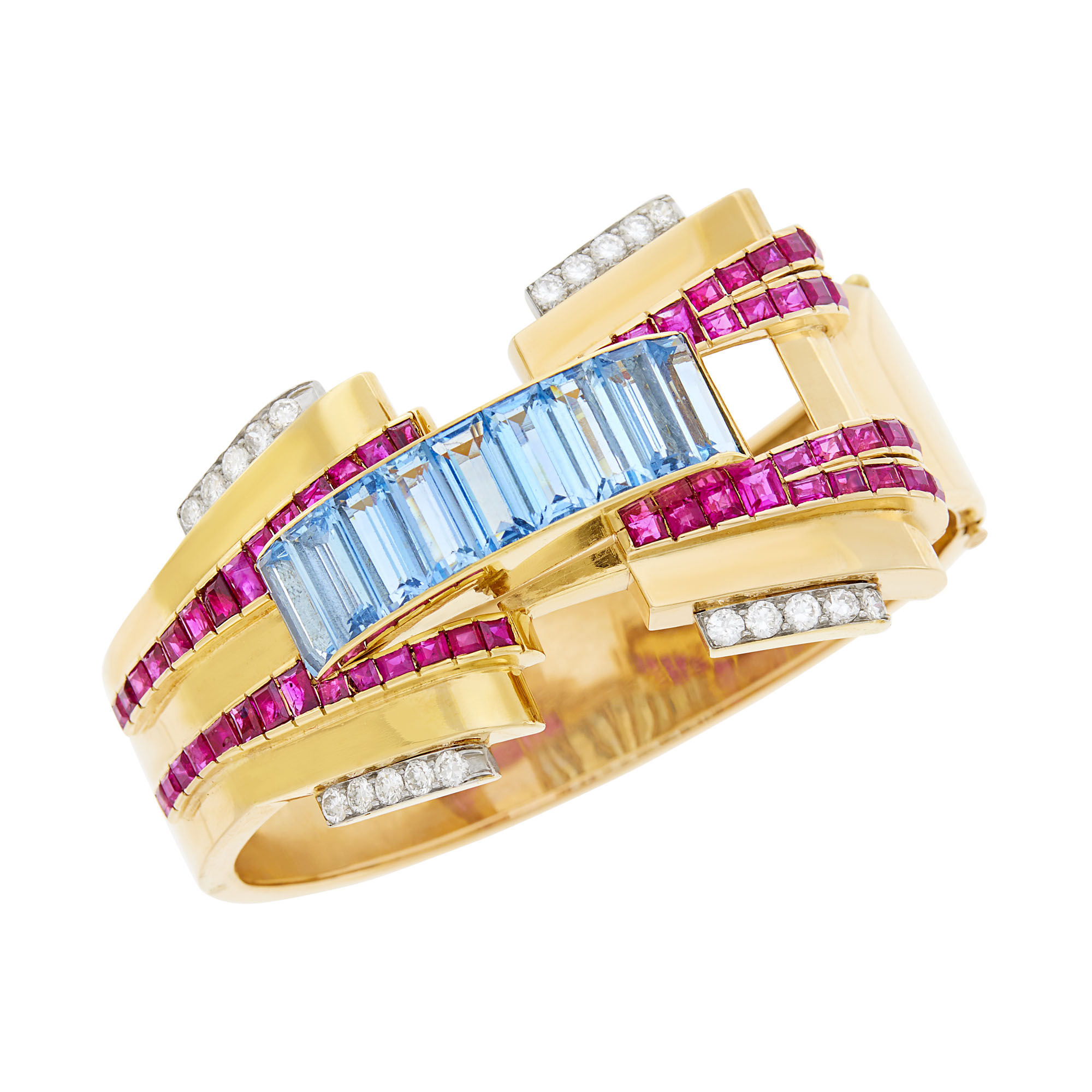 Lot image - Gold, Aquamarine, Ruby and Diamond Cuff Bangle Bracelet