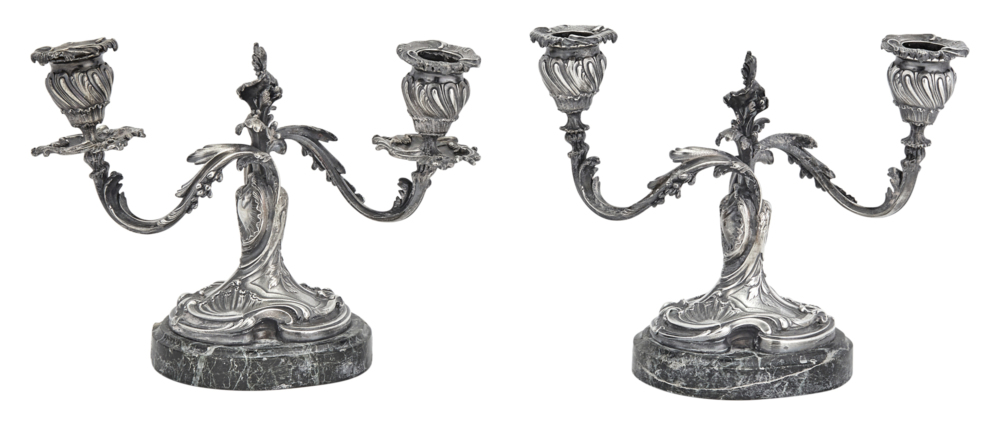 Lot image - Pair of French Louis XV Style Silver and Marble Two-Light Candelabra