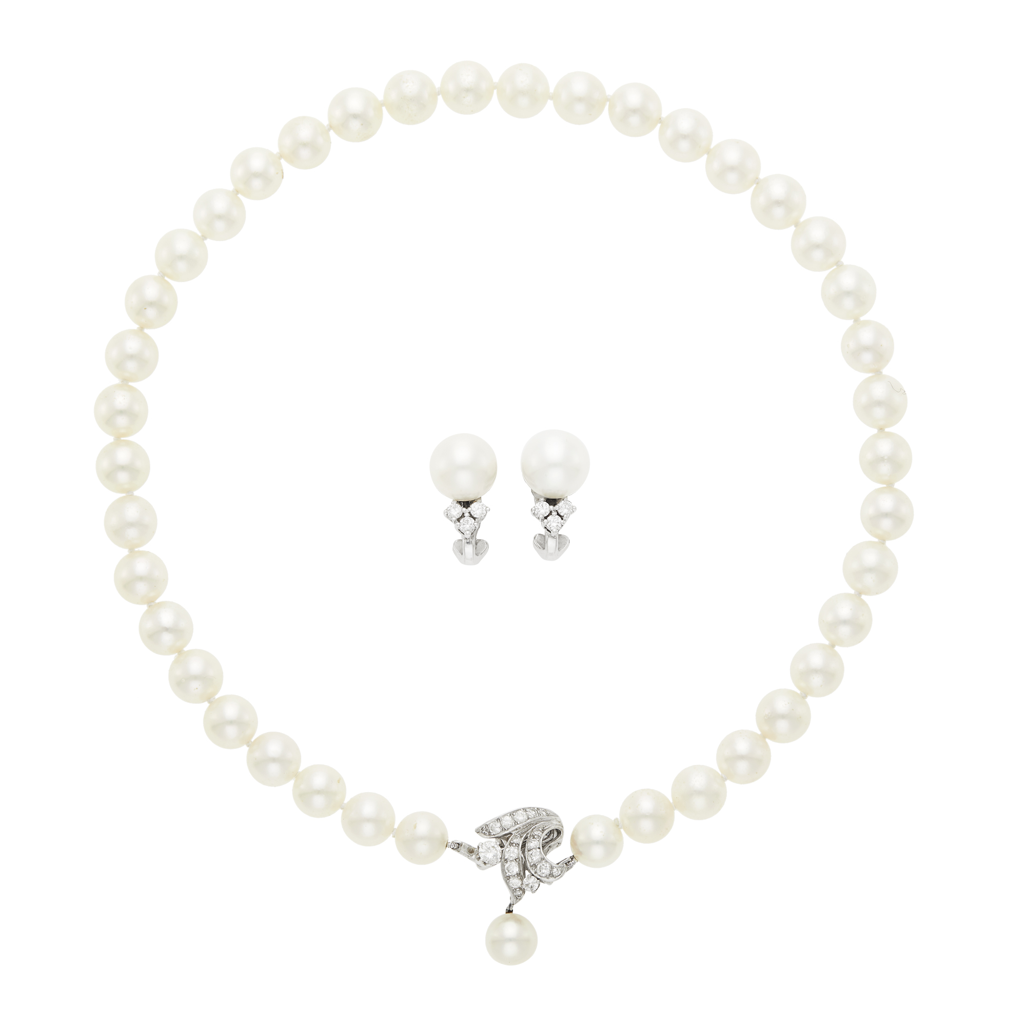 Lot image - Cultured Pearl Necklace with Diamond Pendant-Clasp and Pair of Earclips