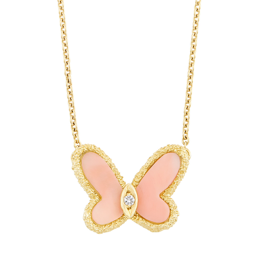 Lot image - Gold, Coral and Diamond Butterfly Pendant-Necklace, Van Cleef & Arpels, France