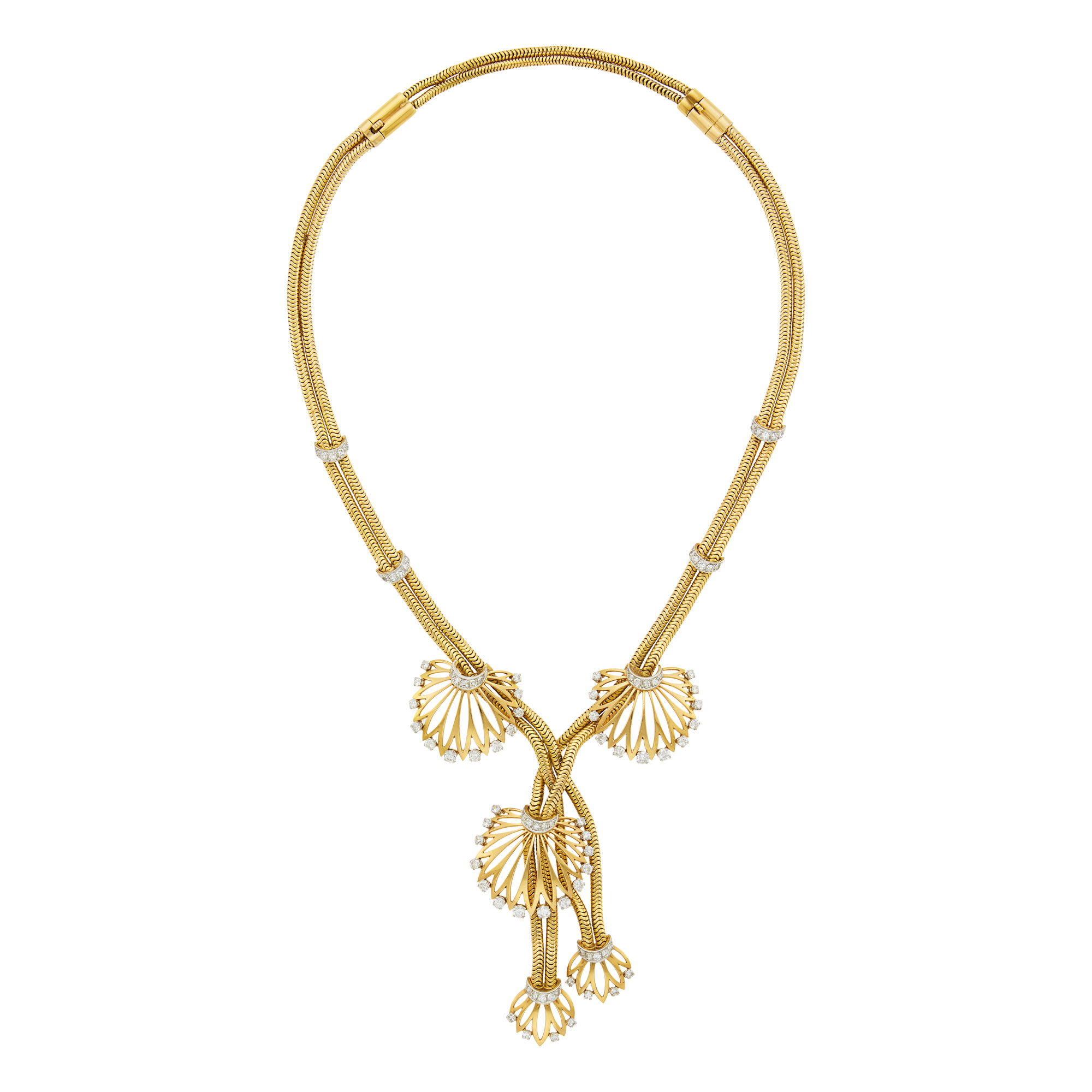 Lot image - Double Strand Gold, Platinum and Diamond Snake Chain Lariat Necklace, France