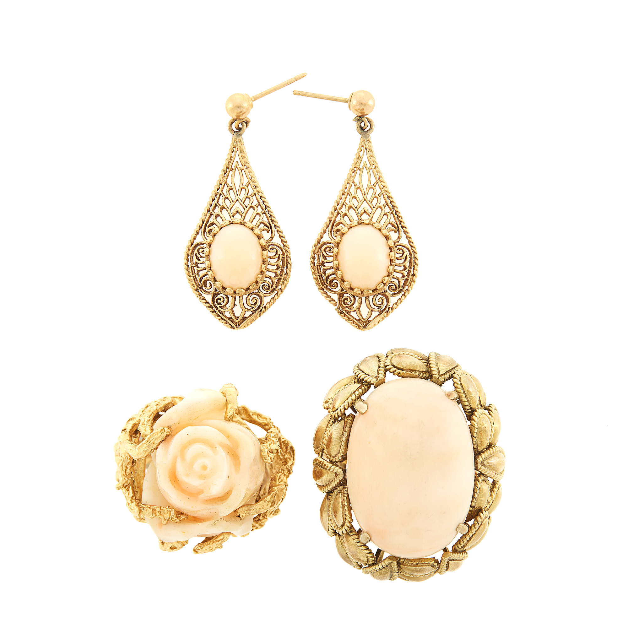 Lot image - Pair of Gold and Angel Skin Coral Pendant-Earrings and Two Rings