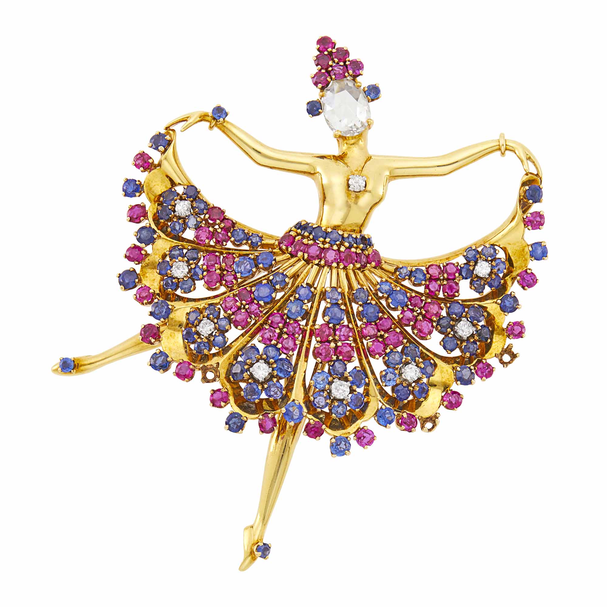 Lot image - John Rubel Gold, Ruby, Sapphire and Diamond Ballerina Clip-Brooch