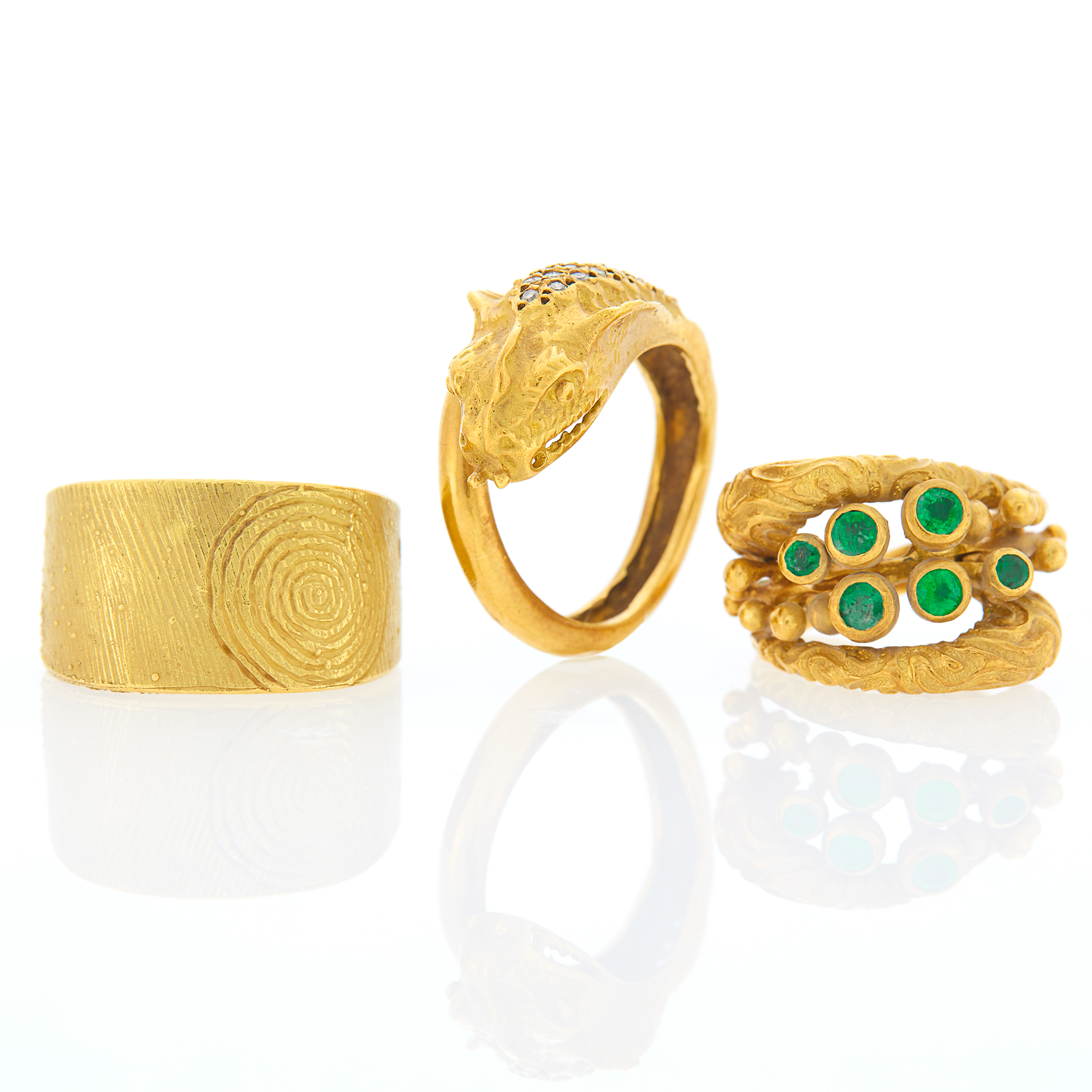 Lot image - Three Gold, Emerald and Diamond Rings