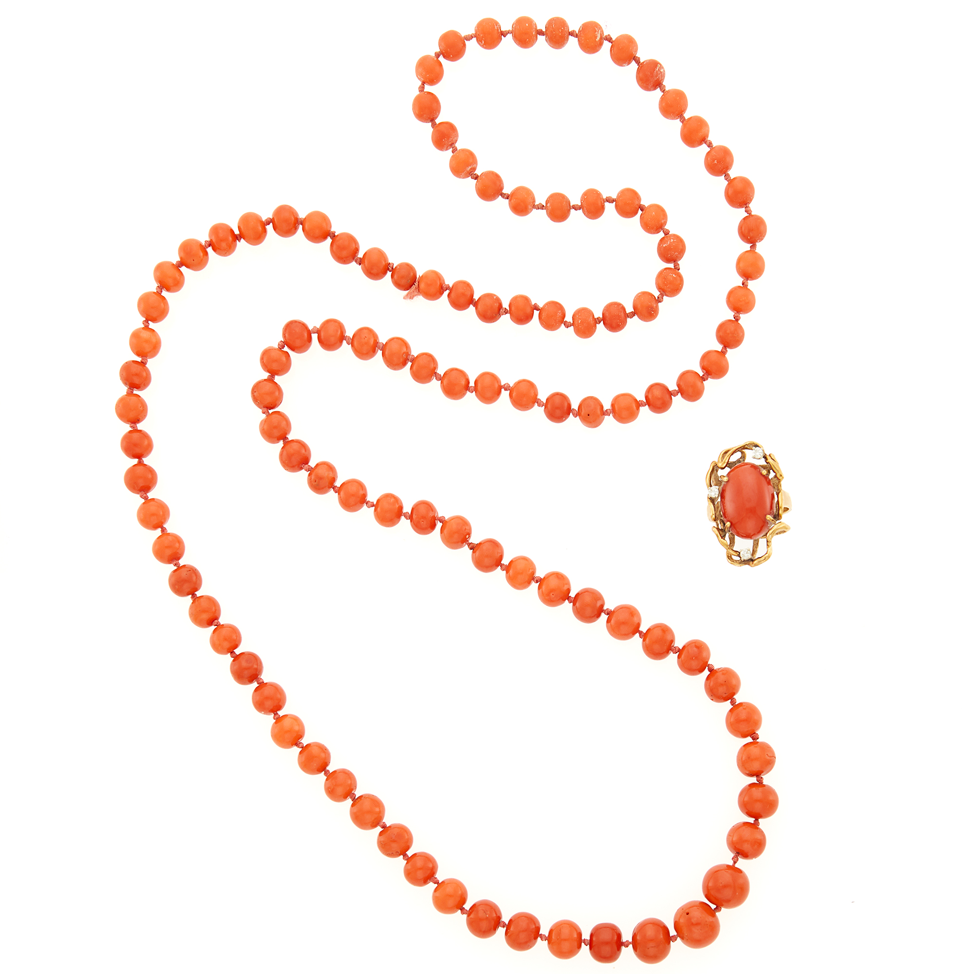 Lot image - Gold, Coral and Diamond Ring and Coral Bead Necklace