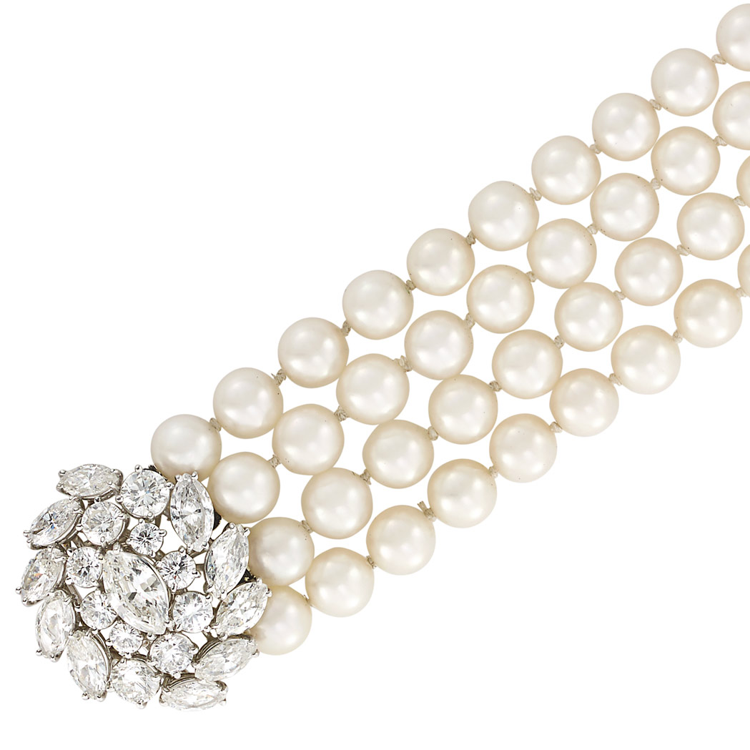 Lot image - Four Strand Cultured Pearl Bracelet with Platinum and Diamond Clasp, Ruser