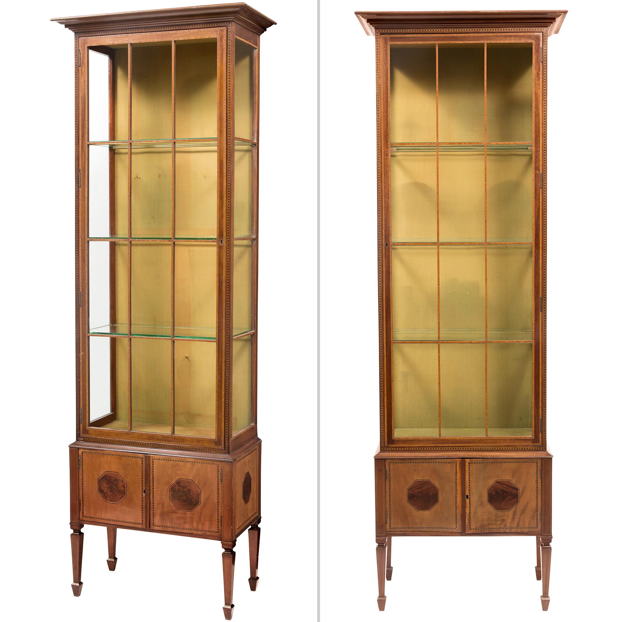 Lot image - Pair of George III Style Inlaid Mahogany and Satinwood Vitrine Cabinets