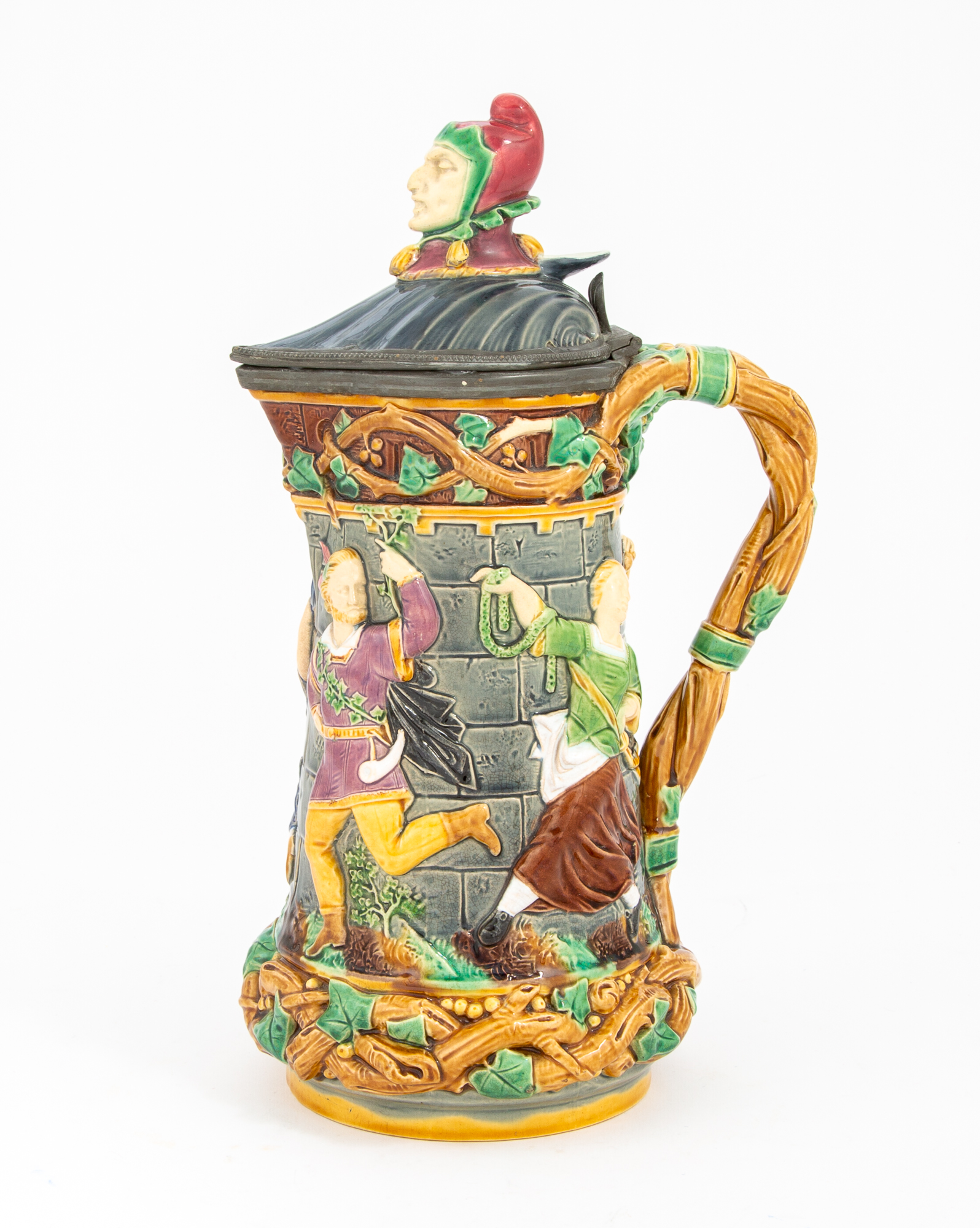 Lot image - Minton Pewter-Mounted Majolica Tower Jug and Cover