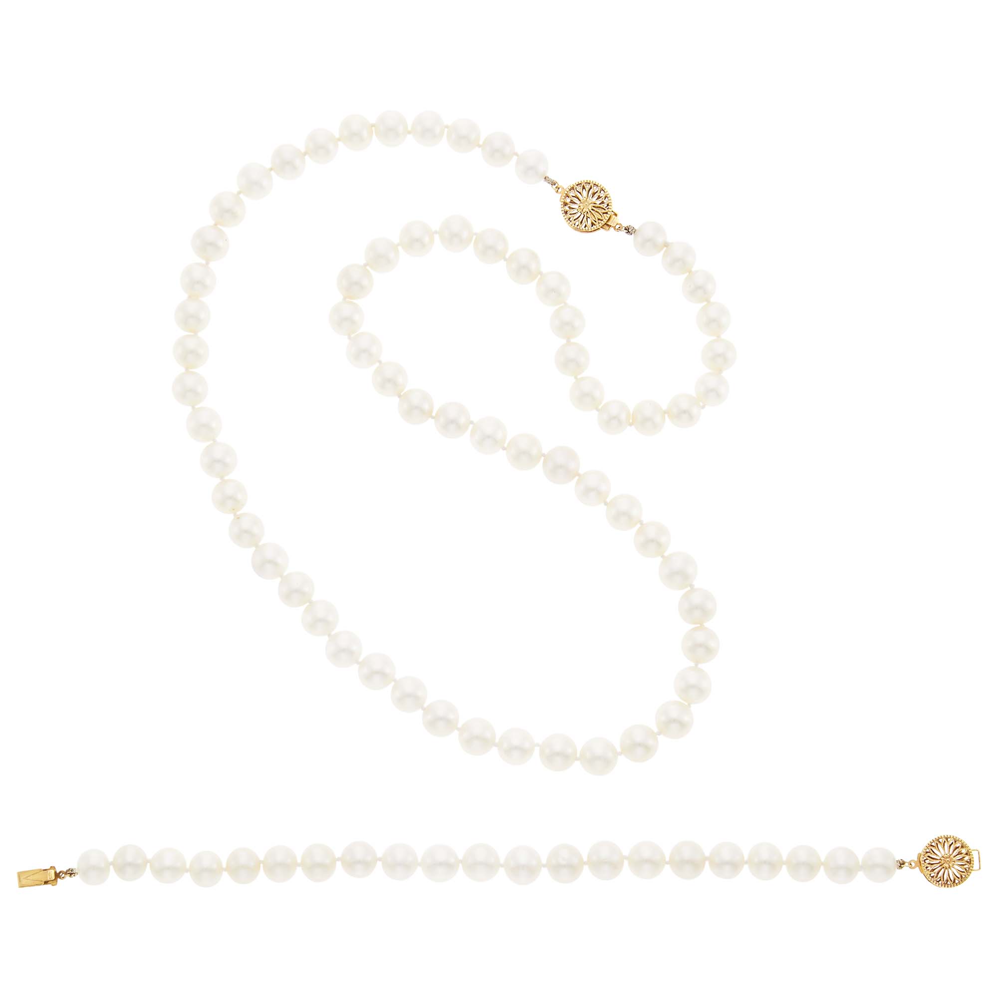 Lot image - Cultured Pearl Necklace and Bracelet with Gold Clasps