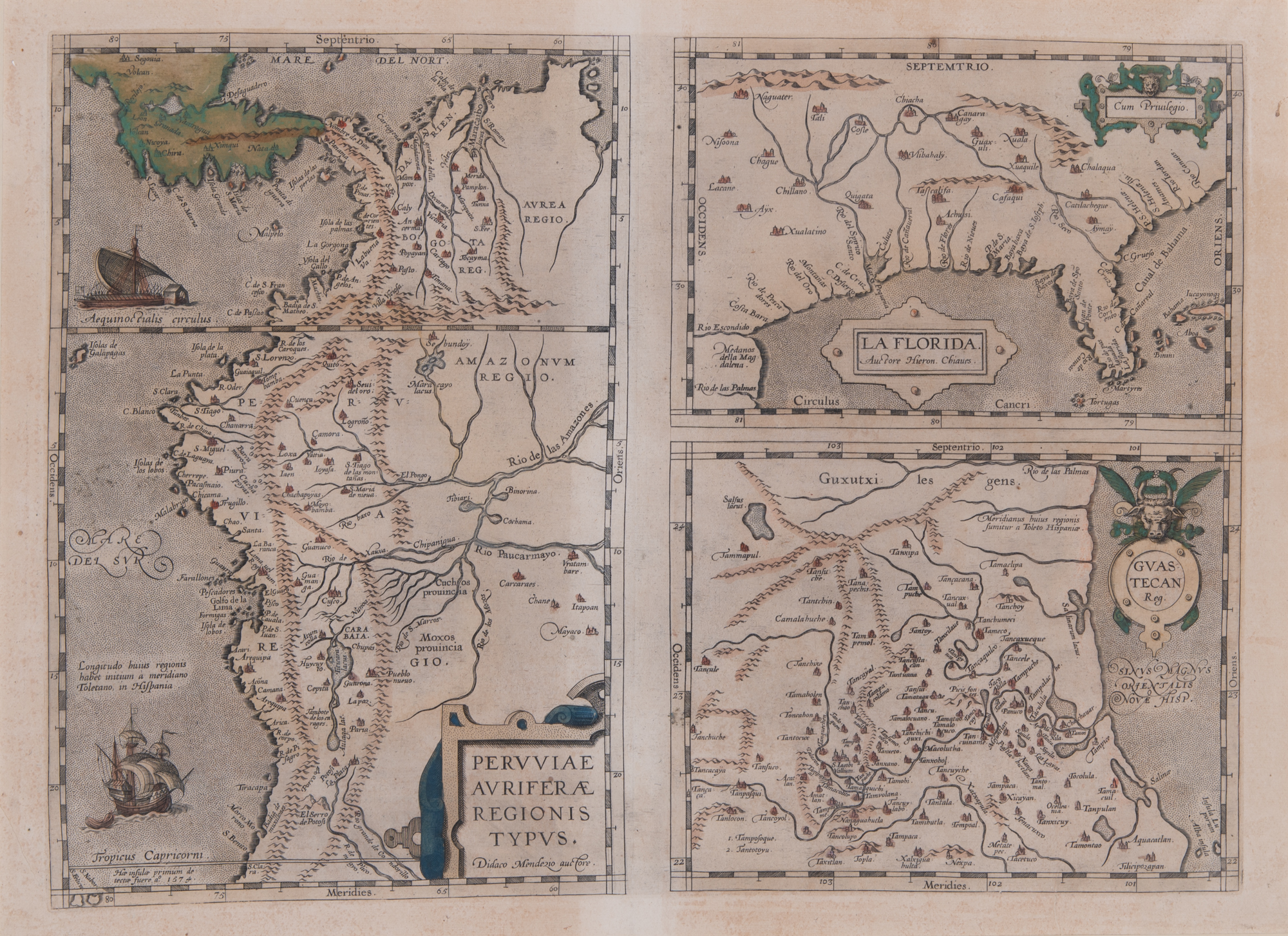 Lot image - [MAP]  ORTELIUS, ABRAHAM. La Florida [on sheet with:] Pervviae Avriferae Regionis Typvs [and:] Gvastecan.