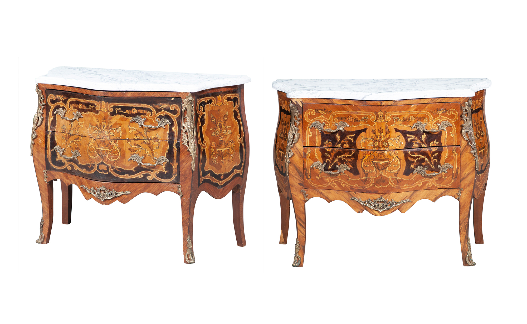 Lot image - Pair of Louis XV Style Gilt-Metal Mounted Inlaid Tulipwood Bombe Commodes