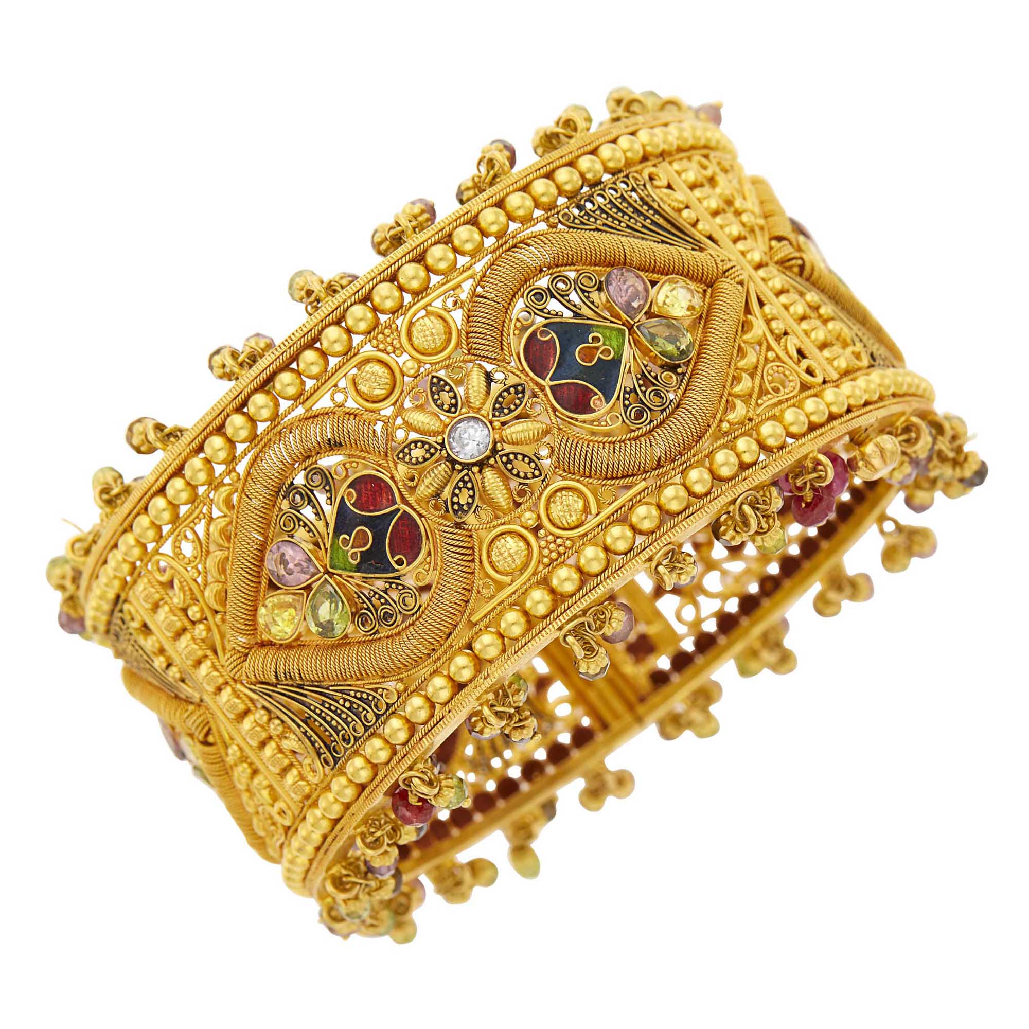 Lot image - Indian Gold, Multicolored Paste, Enamel and Bead Fringe Cuff Bangle Bracelet