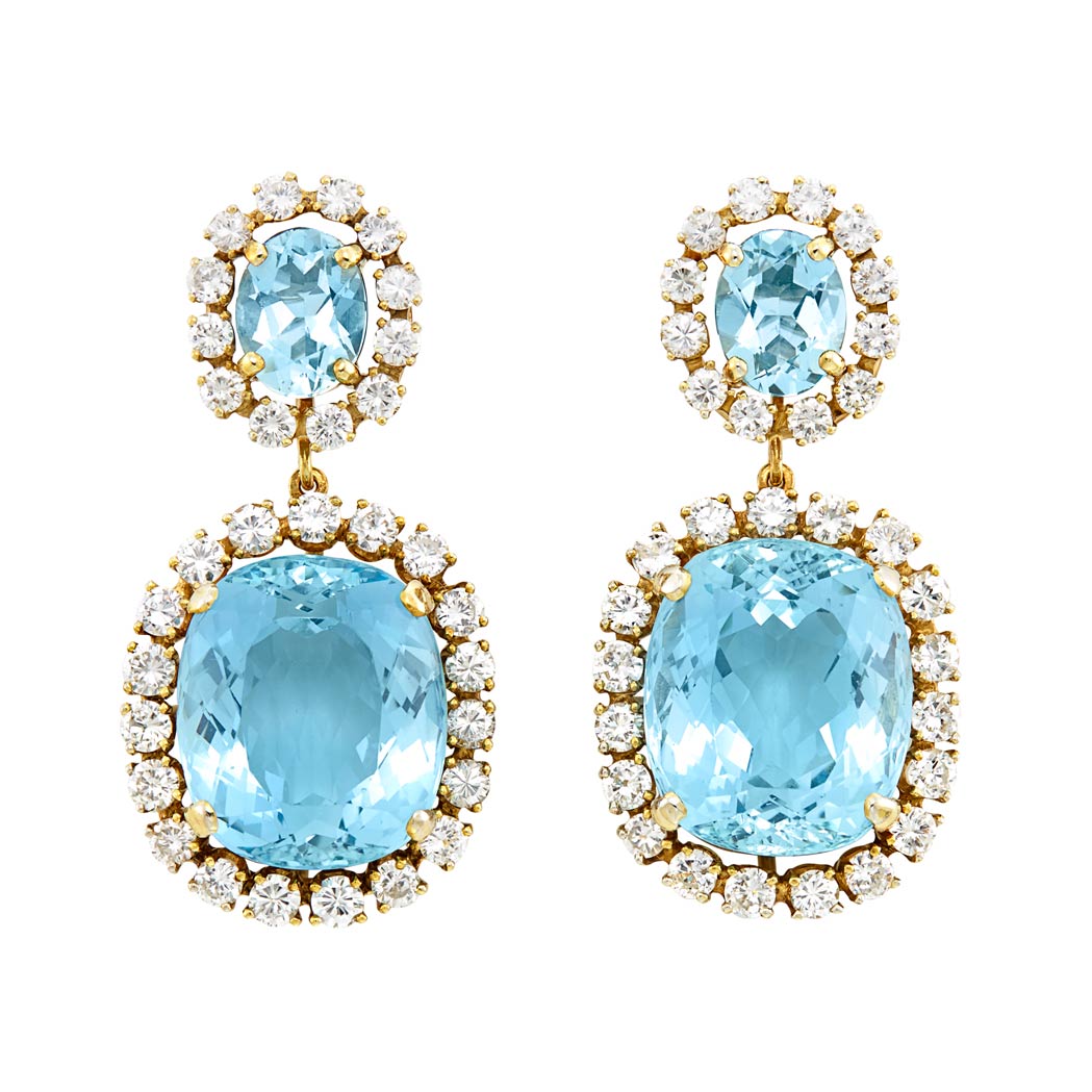 Lot image - Pair of Gold, Aquamarine and Diamond Pendant-Earclips
