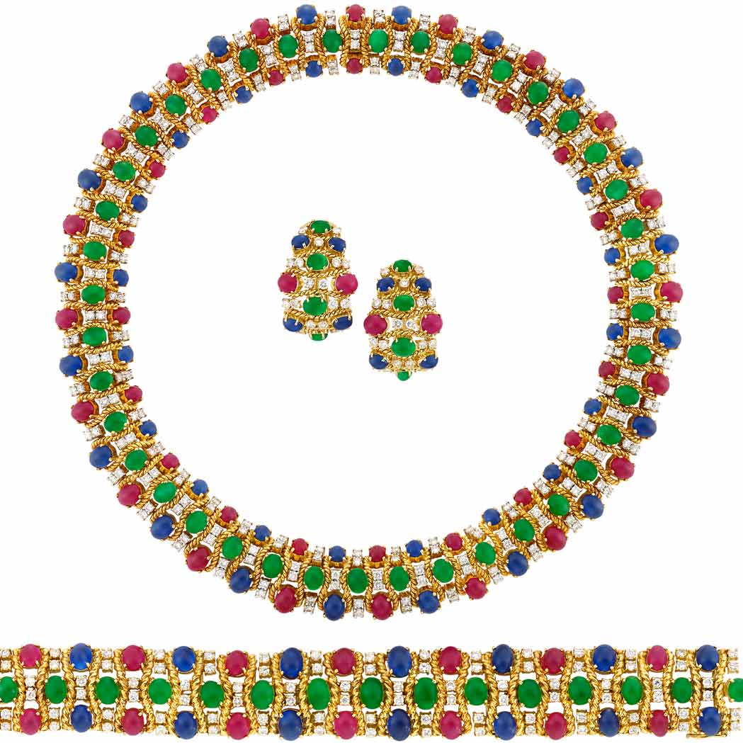 Lot image - Gold, Cabochon Colored Stone and Diamond Necklace, Bracelet and Pair of Earrings