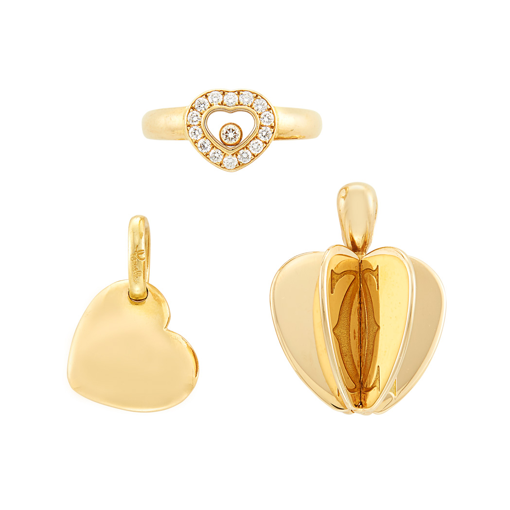 Lot image - Gold Heart Pendant, Pomellato, Gold Apple Pendant, Cartier, and Gold 'Happy Diamonds' Ring, Chopard